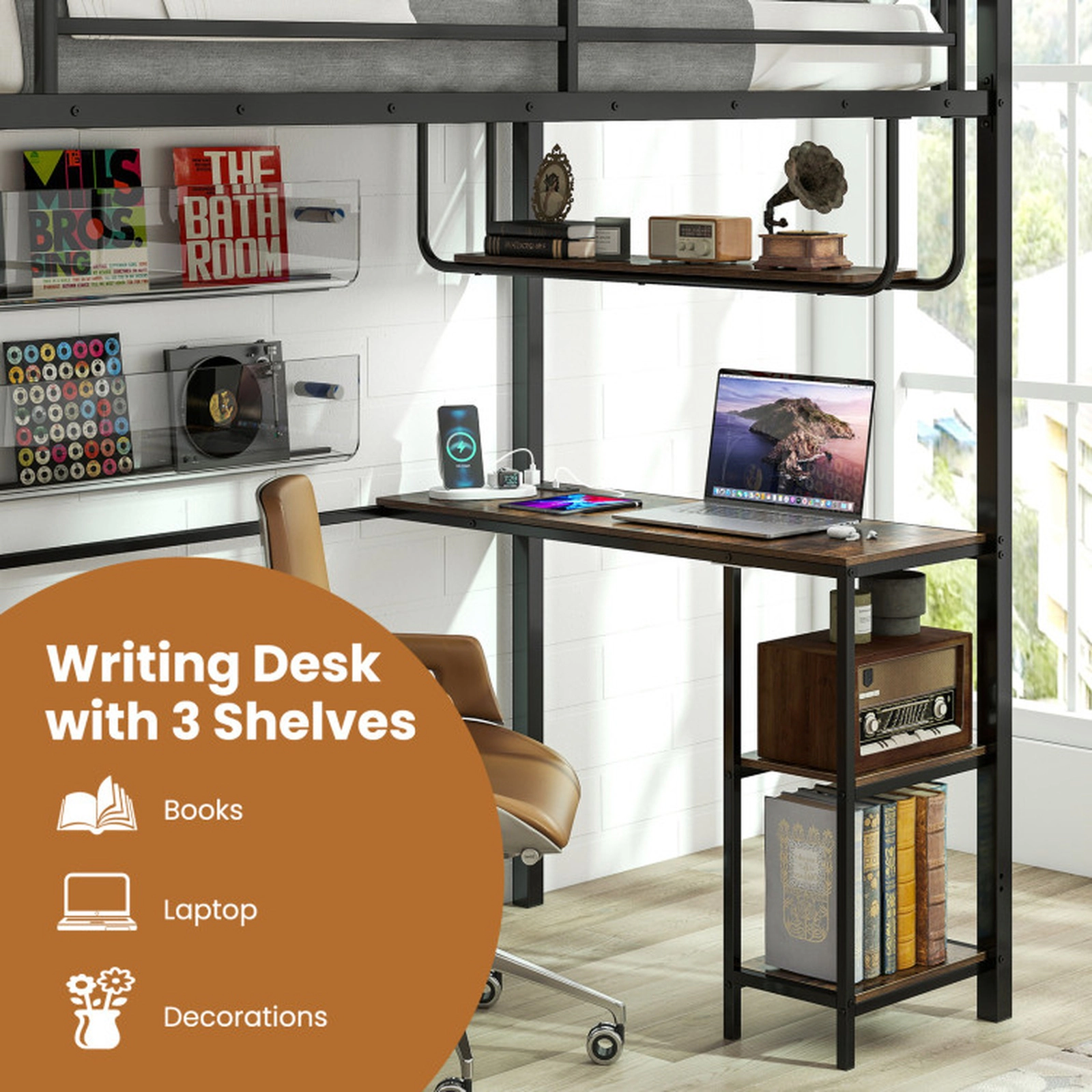 SUGIFT Black Desk LED Lights Charging Station and Metal Frame Twin Teens Loft Bed