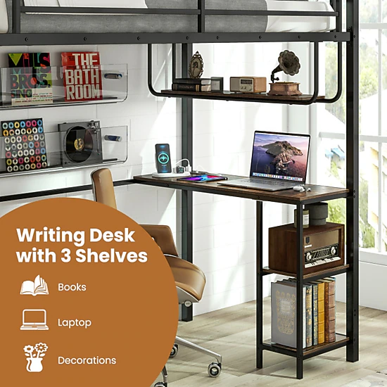 SUGIFT Black Desk LED Lights Charging Station and Metal Frame Twin Teens Loft Bed