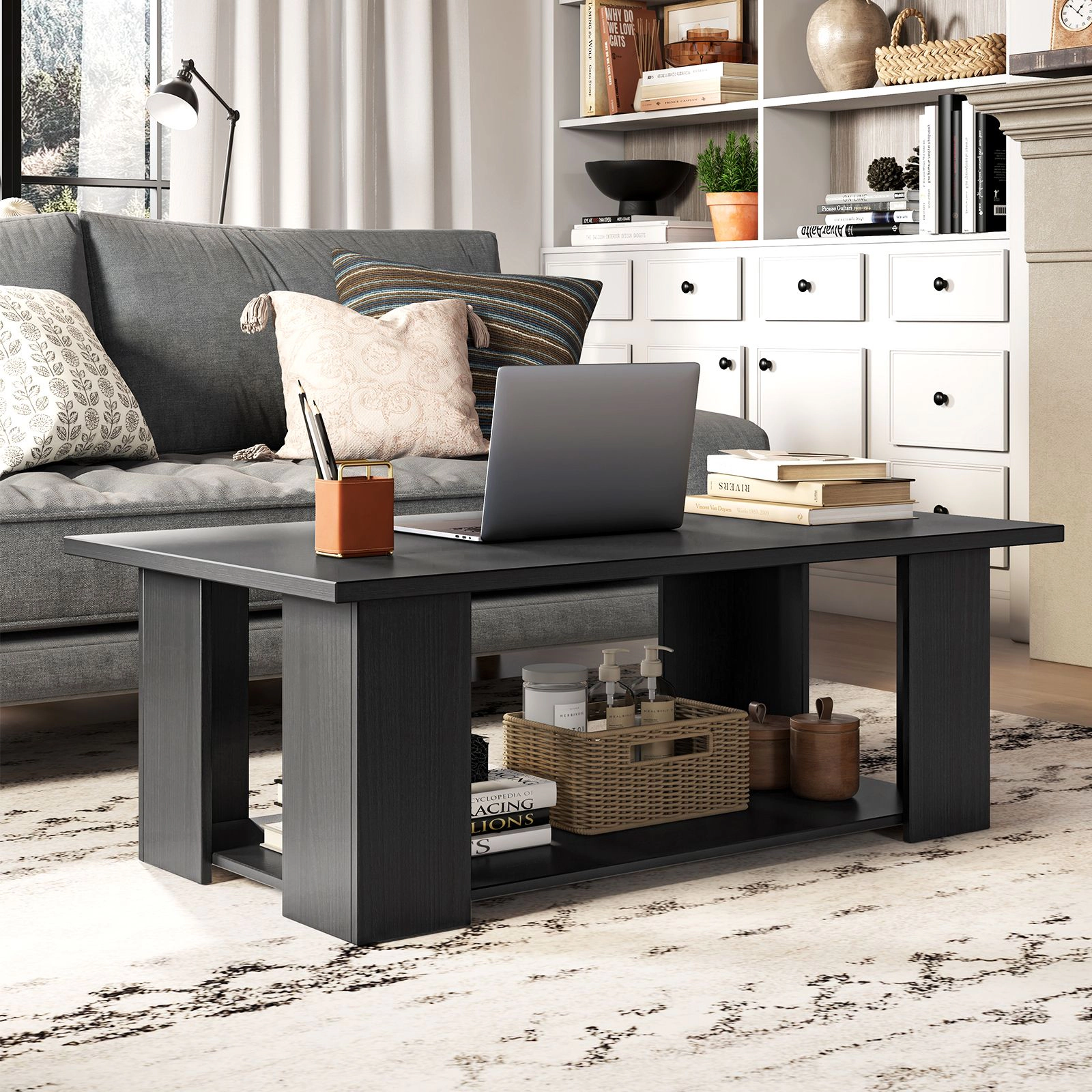 SlickBlue 41 Inch 2 Tier Wooden Coffee Table with Storage Shelf