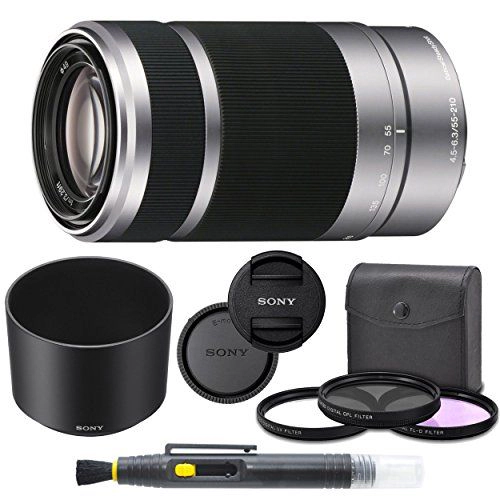 Sony E 55-210mm f/4.5-6.3 OSS Lens (Silver) for Sony E-Mount Cameras Bundle. includes: Filter Kit, Cleaning Pen, Front
