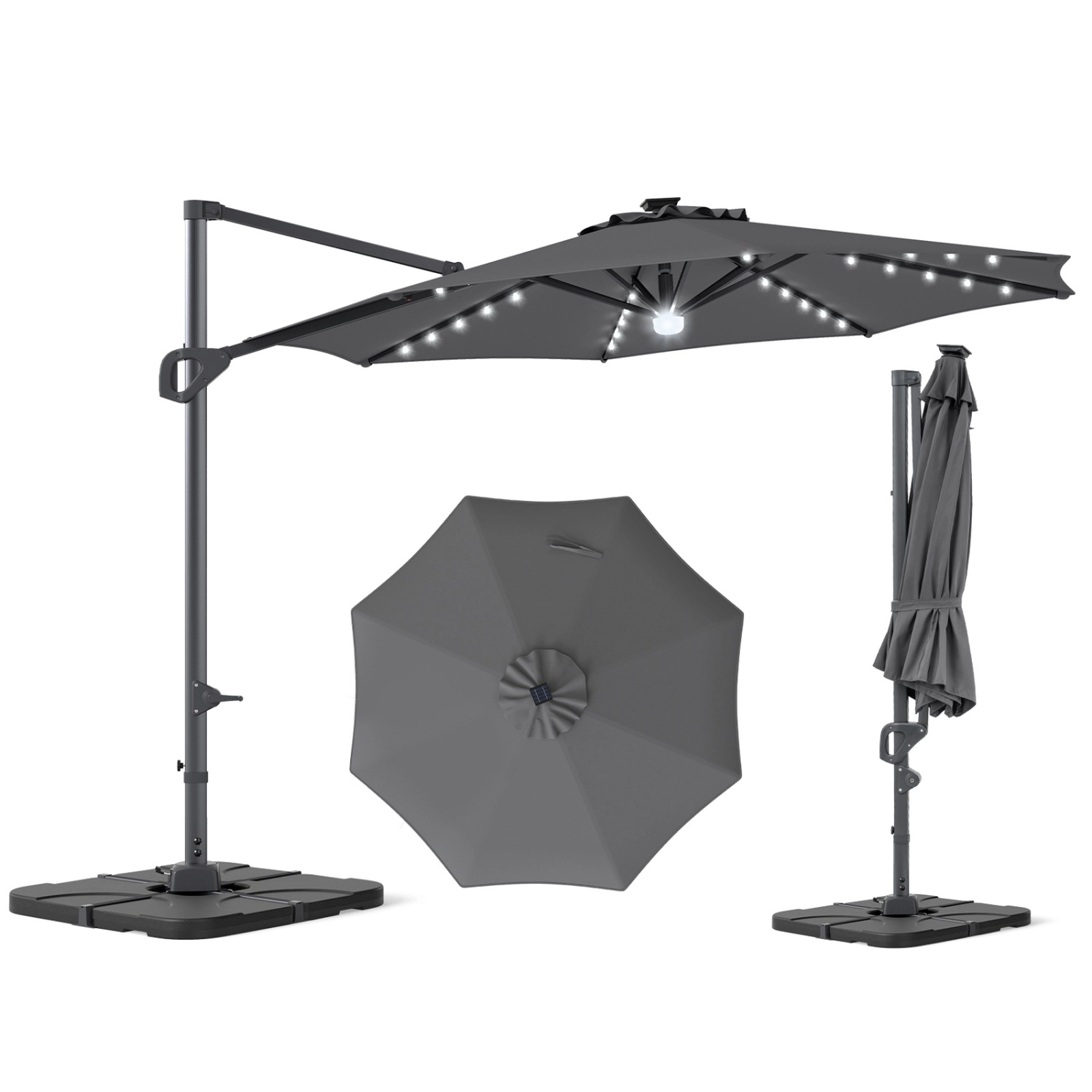 SUGIFT 10-ft Gray Offset Cantilever Patio Umbrella with 35 Solar LED Lights and 220-lb Fillable Base for Deck