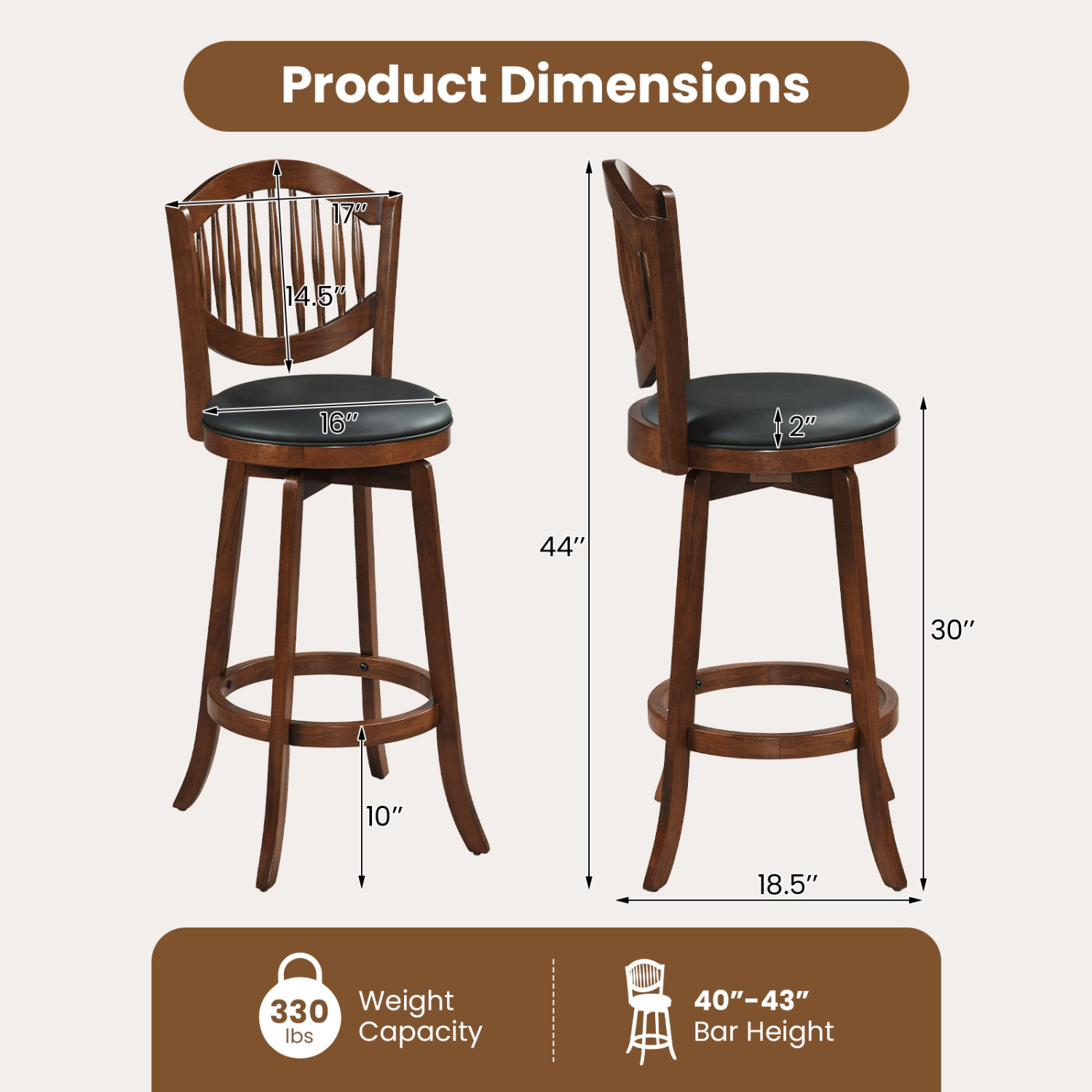 LJG Swivel Bar Stools Set of 2 with Backrest and Wood Frame