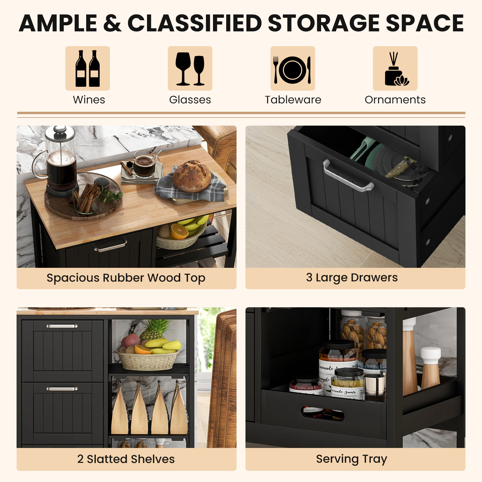 SUGIFT Rolling Kitchen Island Utility Storage Cart with 3 Large Drawers and Open Shelves 44-lb Countertop Capacity Black