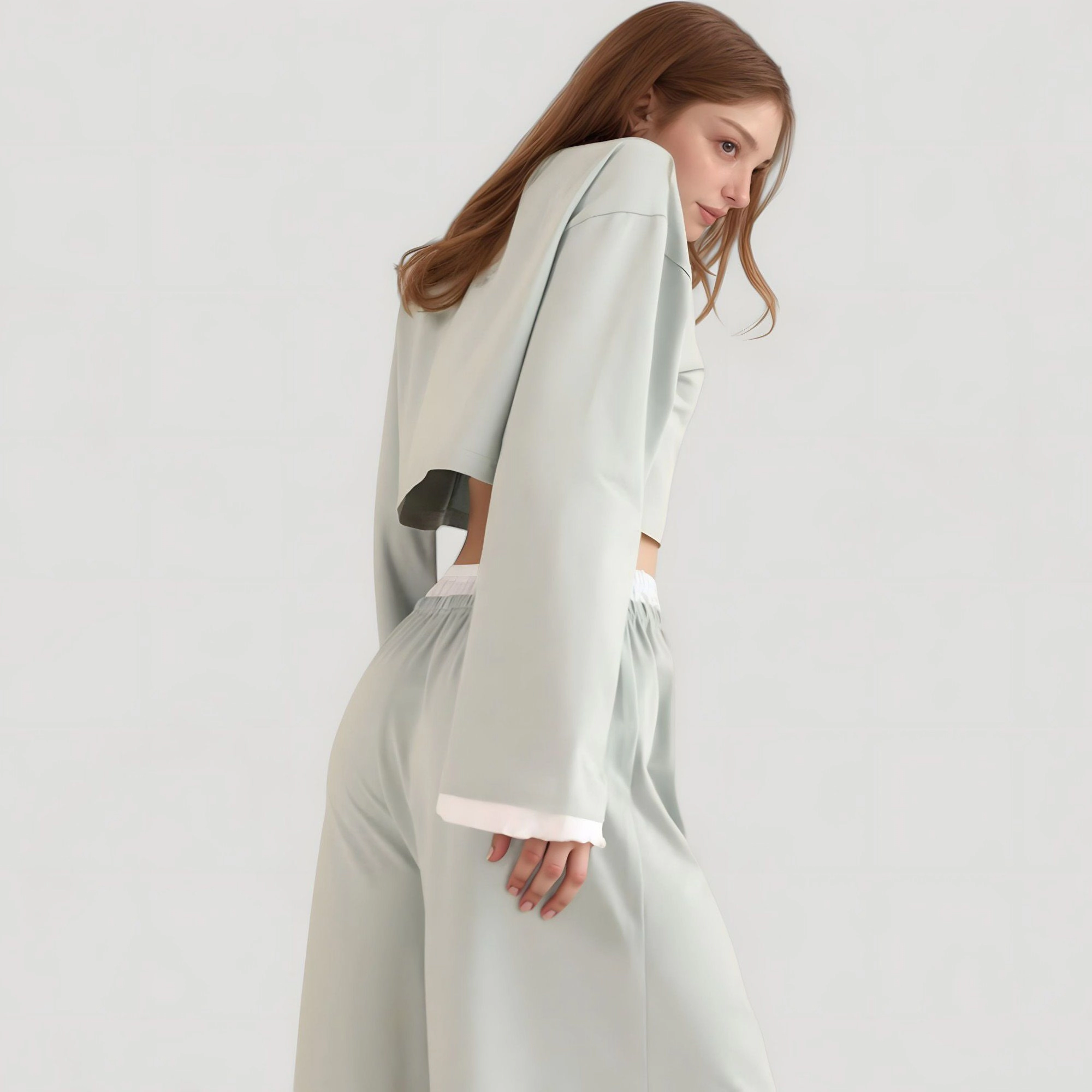 Anna-Kaci Women's Cropped Button Up Long Sleeve Pajama Set with Contrast Trim and Wide Leg Pants