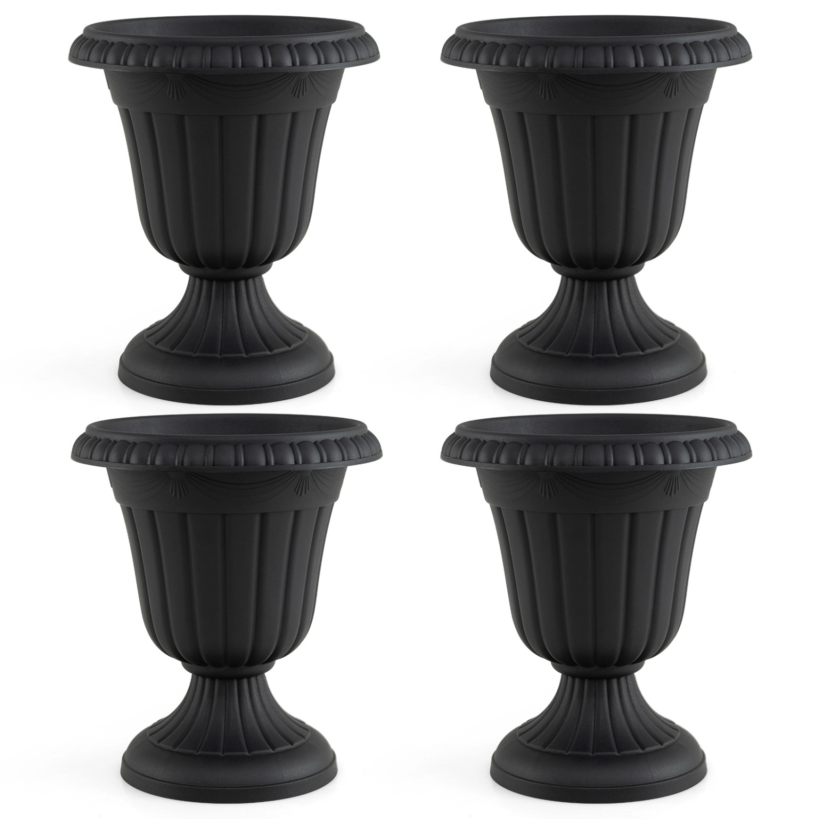 SUGIFT Set of 4 Tall Black Vintage Urn Outdoor Planters with Pedestal Base and Drain Hole 16-in Dia 18.5-in H