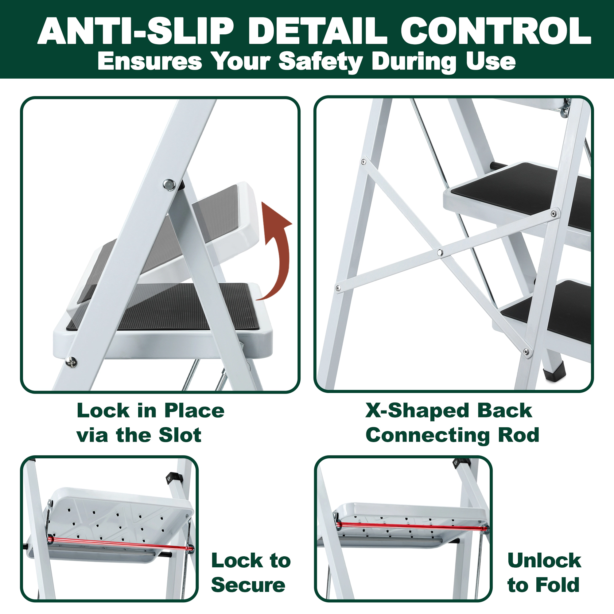 Flynama 3 Step Ladder- 330lb Capacity Steel Foldable Step Stool (White)