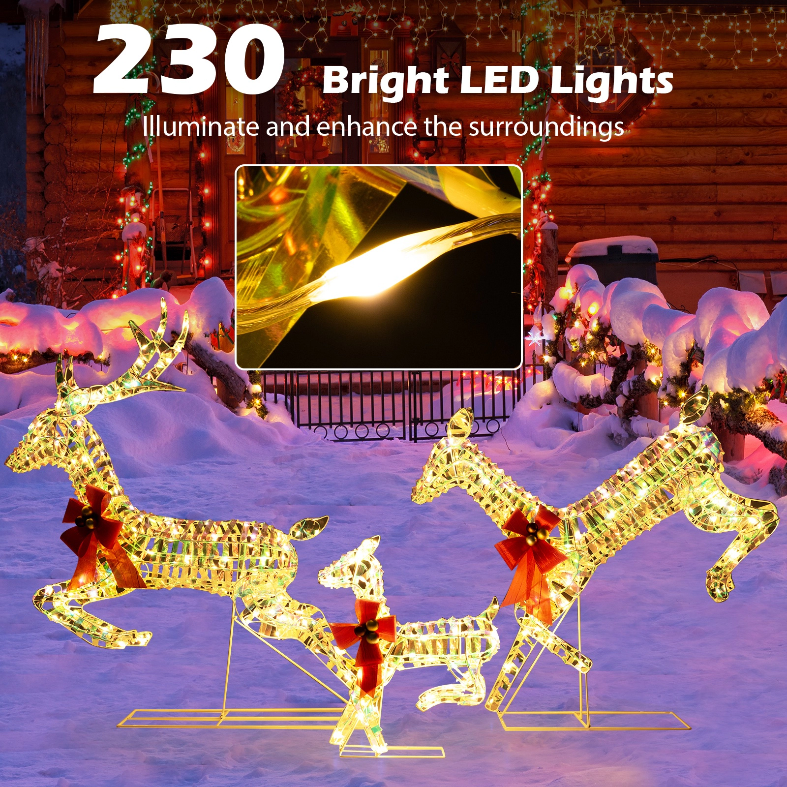 SUGIFT 3-Piece Lighted Christmas Reindeer Family with 230 Warm White LED Lights Bows and Ground Stakes