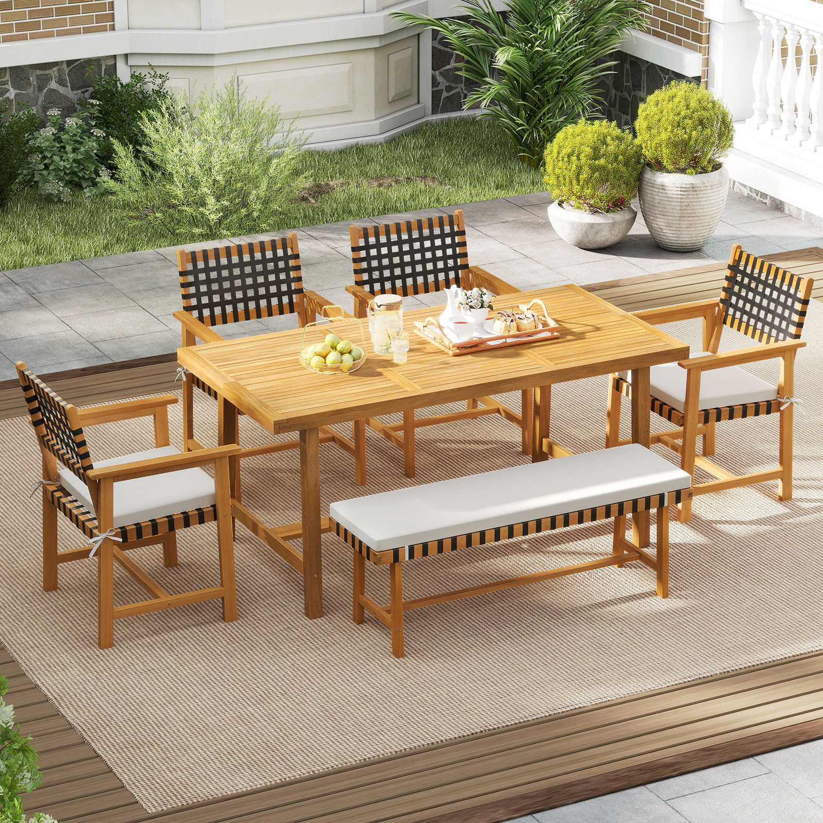 LJG Outdoor Wooden Dining Chair Set of 2 with Armrests and Curved Back