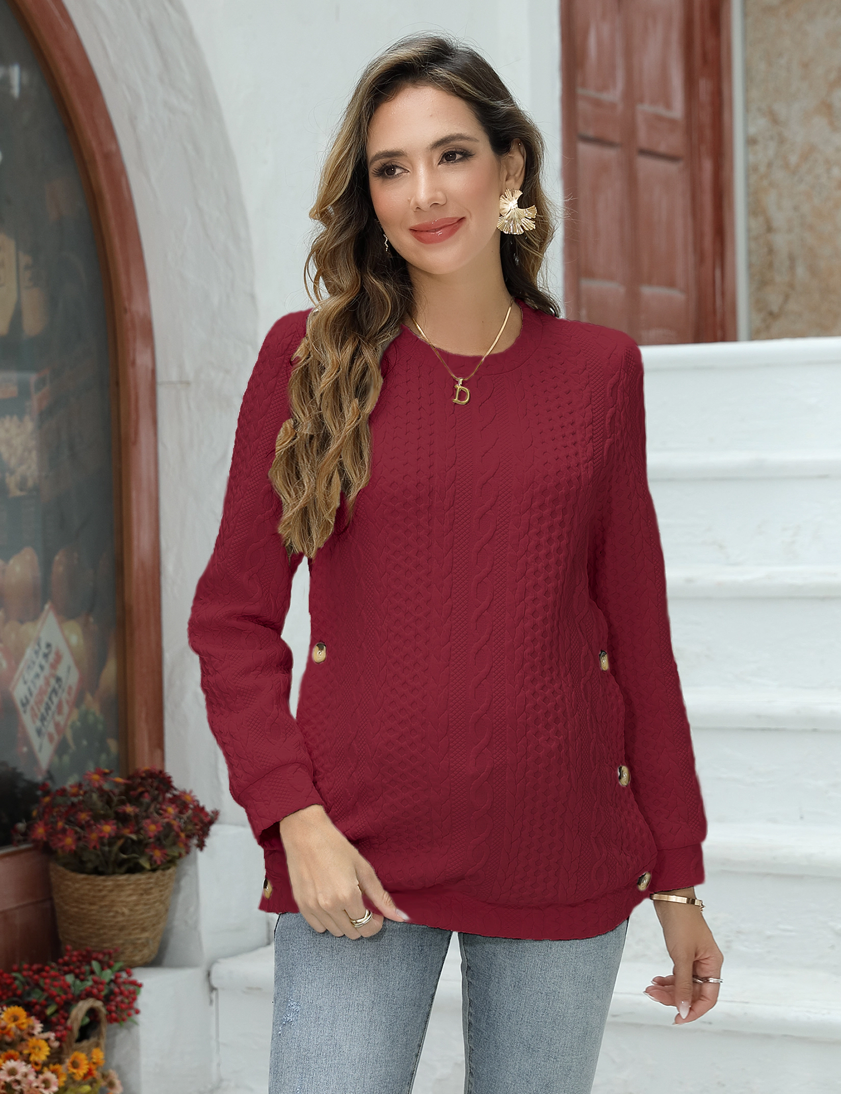 KOJOOIN Women's Maternity Sweatshirt Cable Textured Long Sleeve Tunic Top Round Neck Pregnancy Shirt