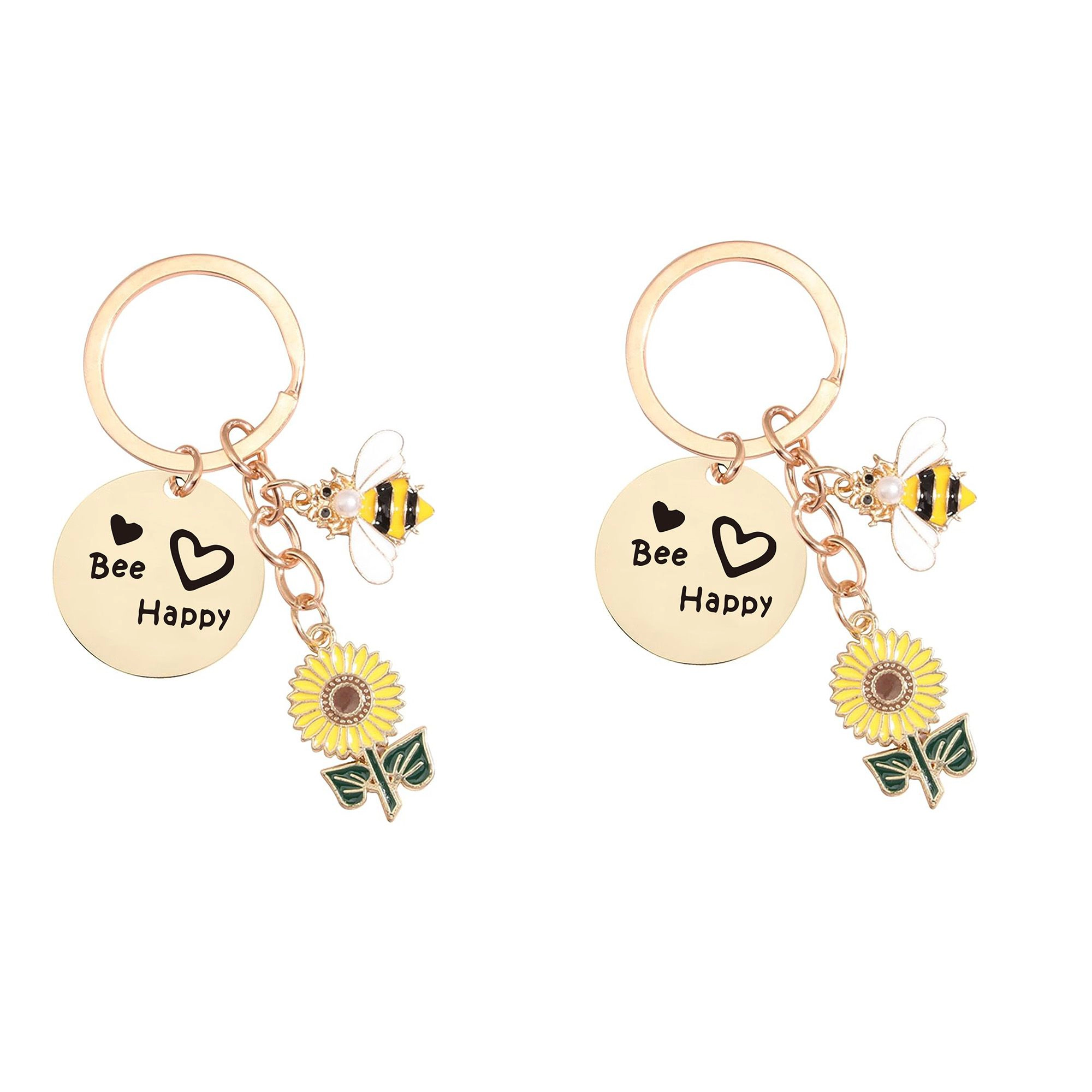 Alilang Women's 2 Pack Bee Happy Sunflower Keychain with Charm Round Tag and Key Ring Bag Accessory, Silver
