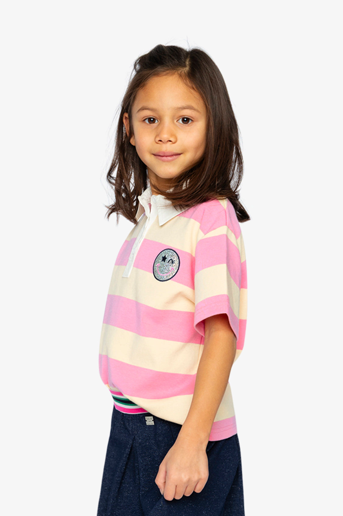 Deux par Girls Striped Smiley Graphic Polo Top