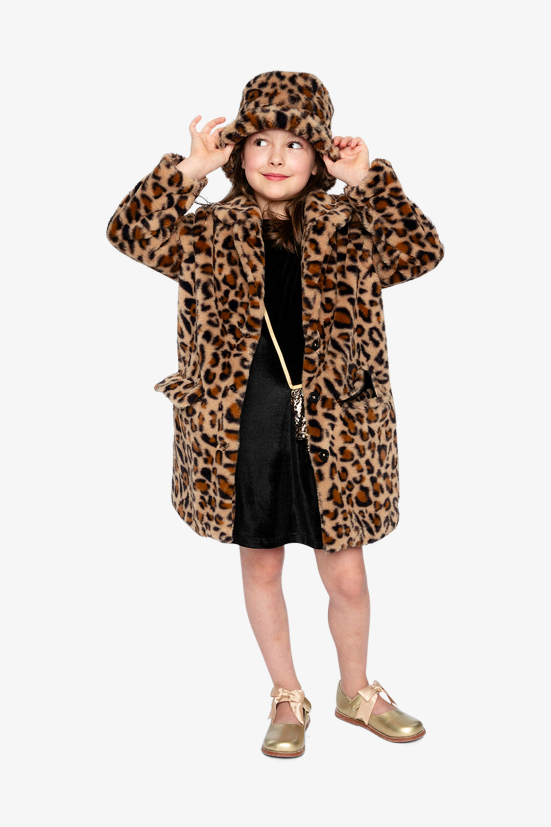 Deux par Girls Faux Fur Leopard Print Wide Brim Bucket Hat