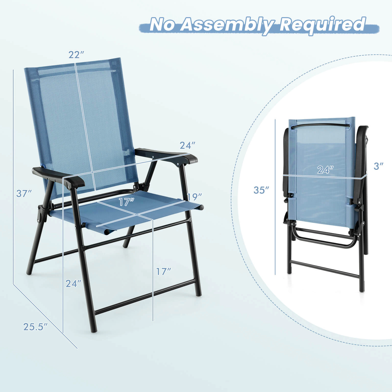SUGIFT Blue Folding Curved Armrests and Metal Frame Set of 2 Patio Dining Chairs