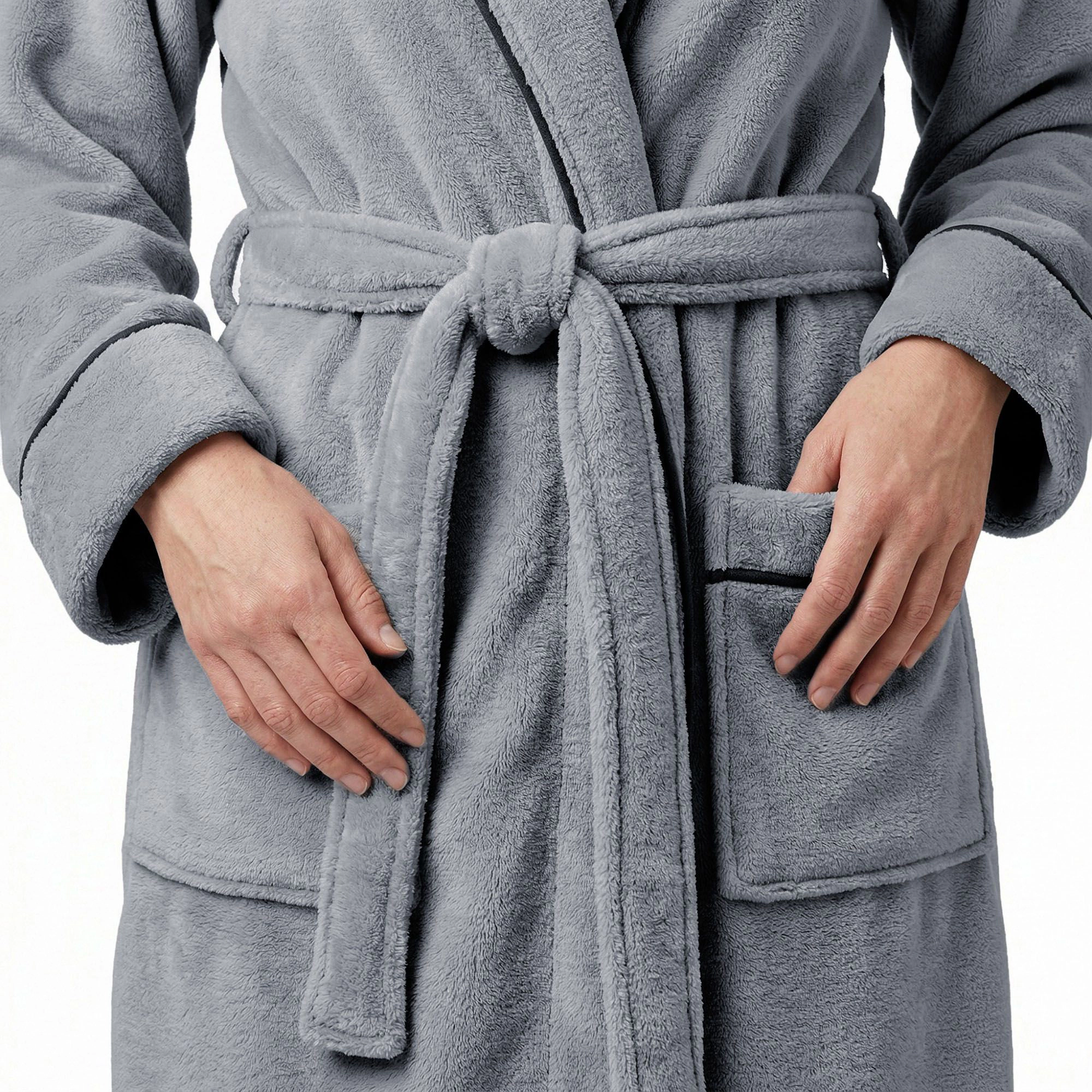 Anna-Kaci Women's Plush Long Sleeve Shawl Collar Bathrobe with Contrast Trim and Adjustable Waist Tie Belt