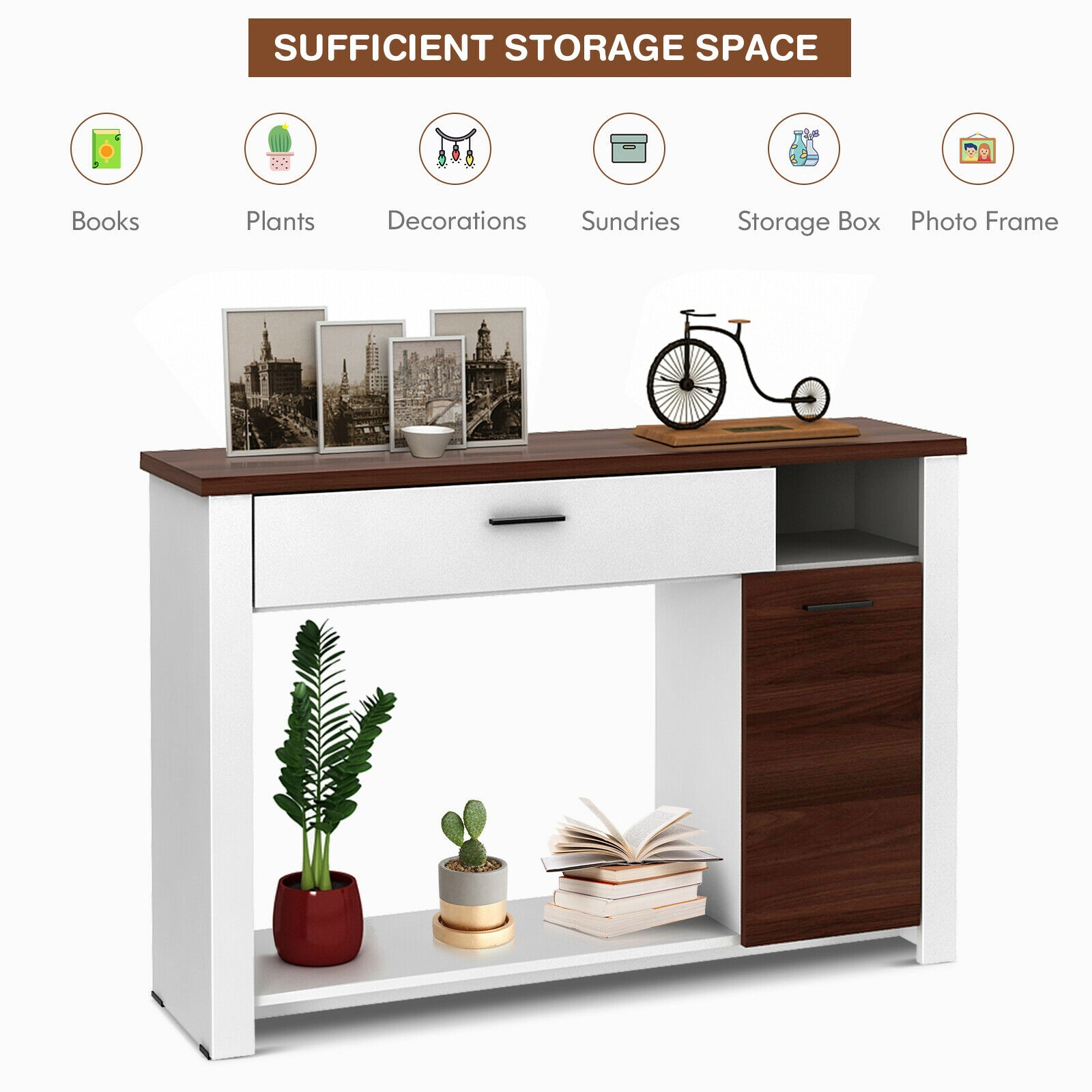 SUGIFT Drawer Cabinet 5-Position Shelf Walnut Top Entryway Console Table 48-in x 12-in x 31.5-in 77-lb Capacity White