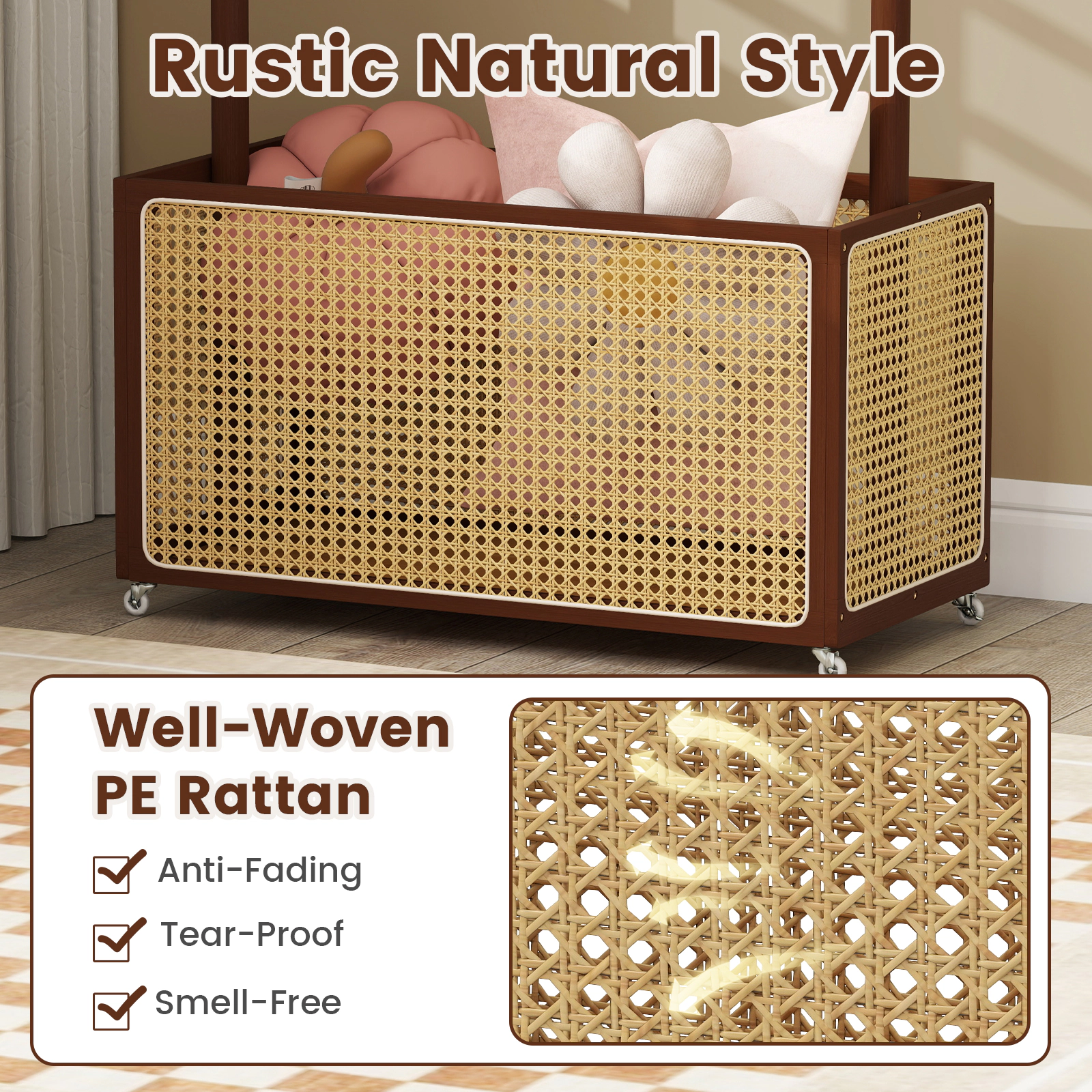 SUGIFT 68-in Freestanding Bamboo Clothes Rack with 15.8-gal Woven Rattan Storage Basket and Wheels