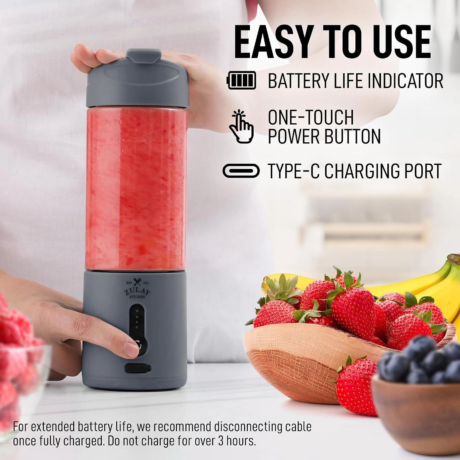 Zulay Kitchen 18oz Personal Blenders that Crush Ice - USB-C Rechargeable, Cordless Travel Blender