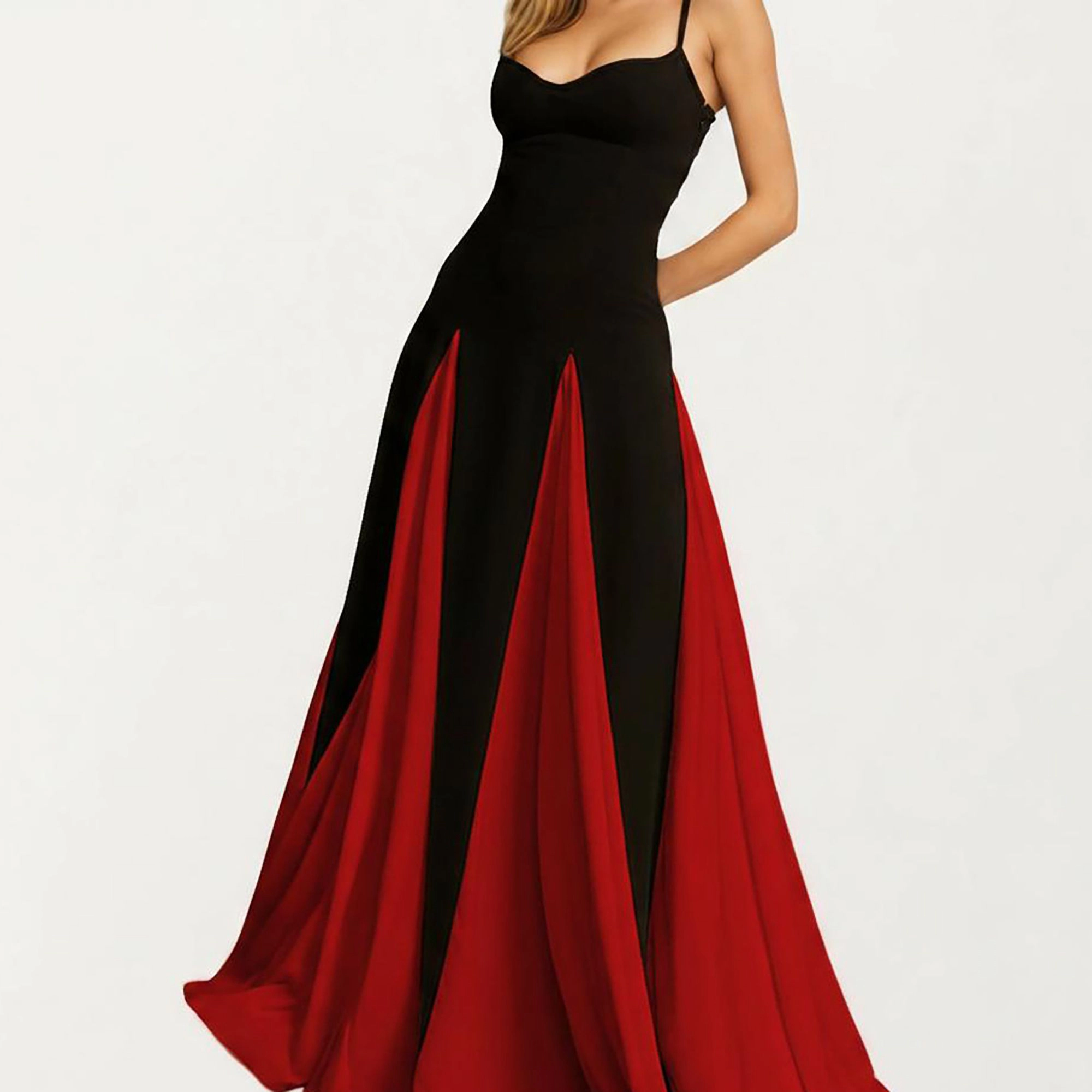 Anna-Kaci Women's Spaghetti Strap Fitted Contrast Panel Floor Length Dress