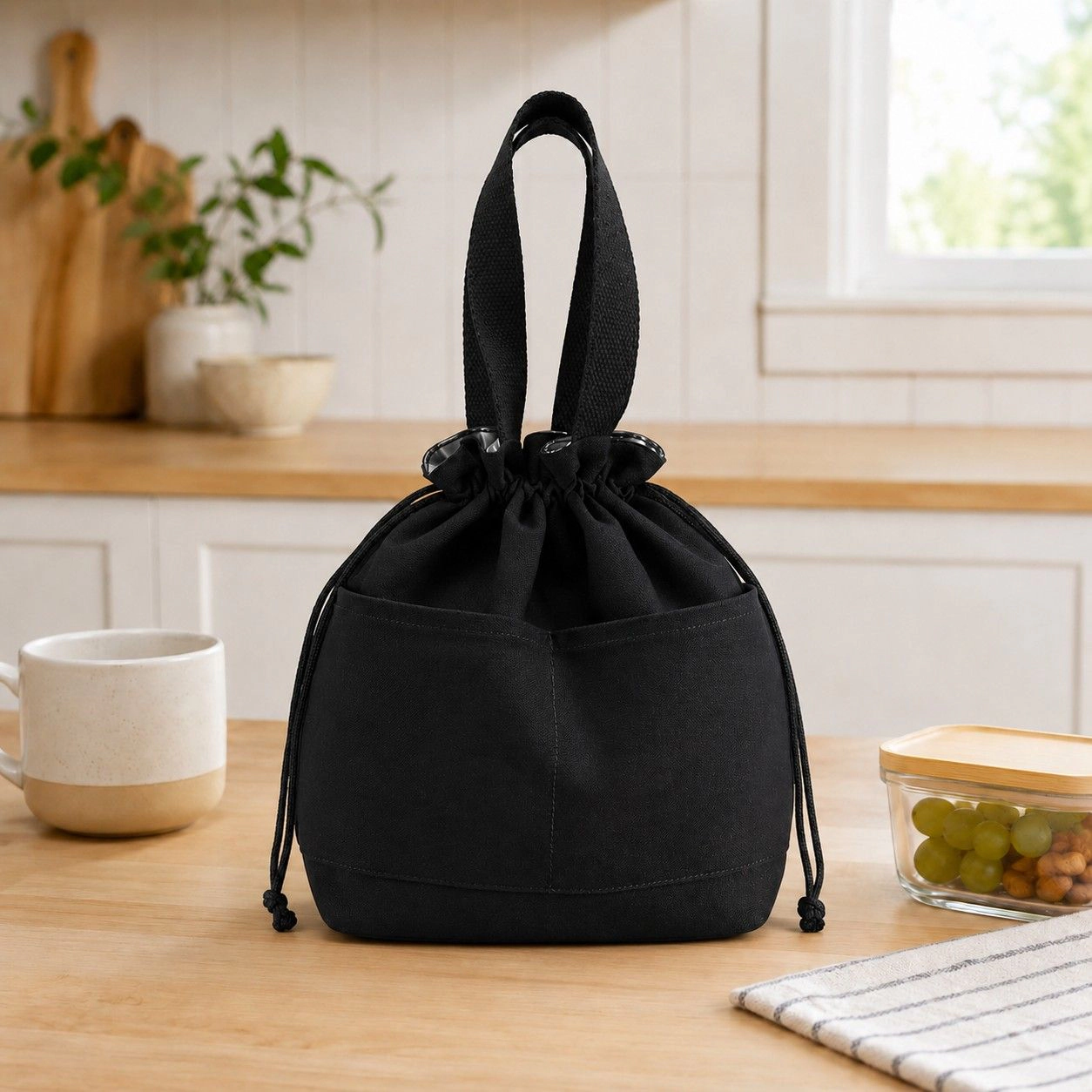Alilang Women's Insulated Drawstring Lunch Bag with Front Pockets Reusable Tote, Black