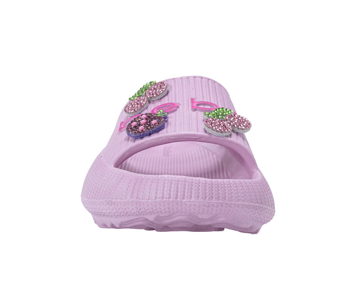 bebe Girl's EVA Slide - Lightweight Comfy Sandals with Rhinestone Fruit Patches