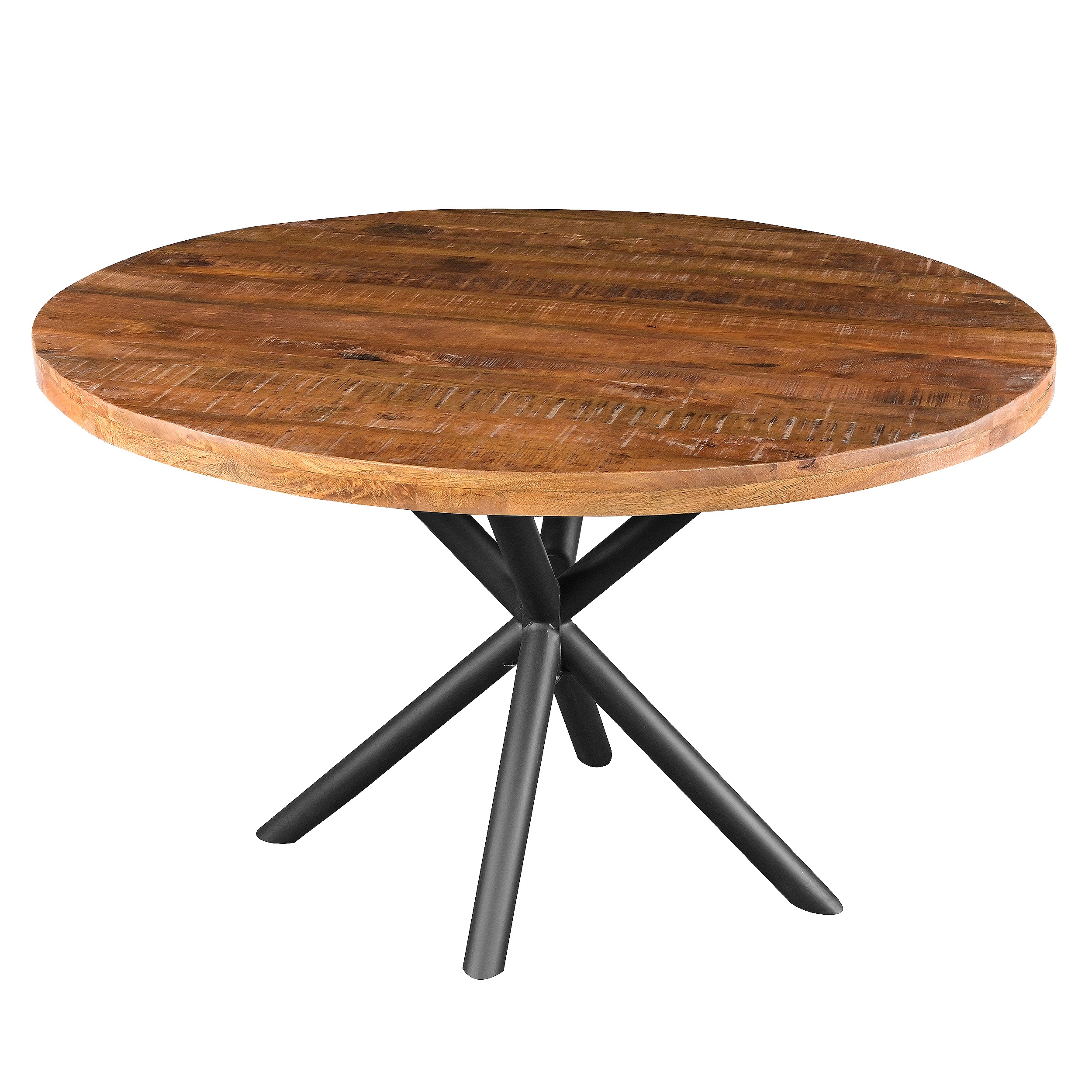 The Urban Port 48 Inch Handcrafted Dining Table, Solid Mango Wood Round Top with Iron Crisscrossed Legs, Brown and Black