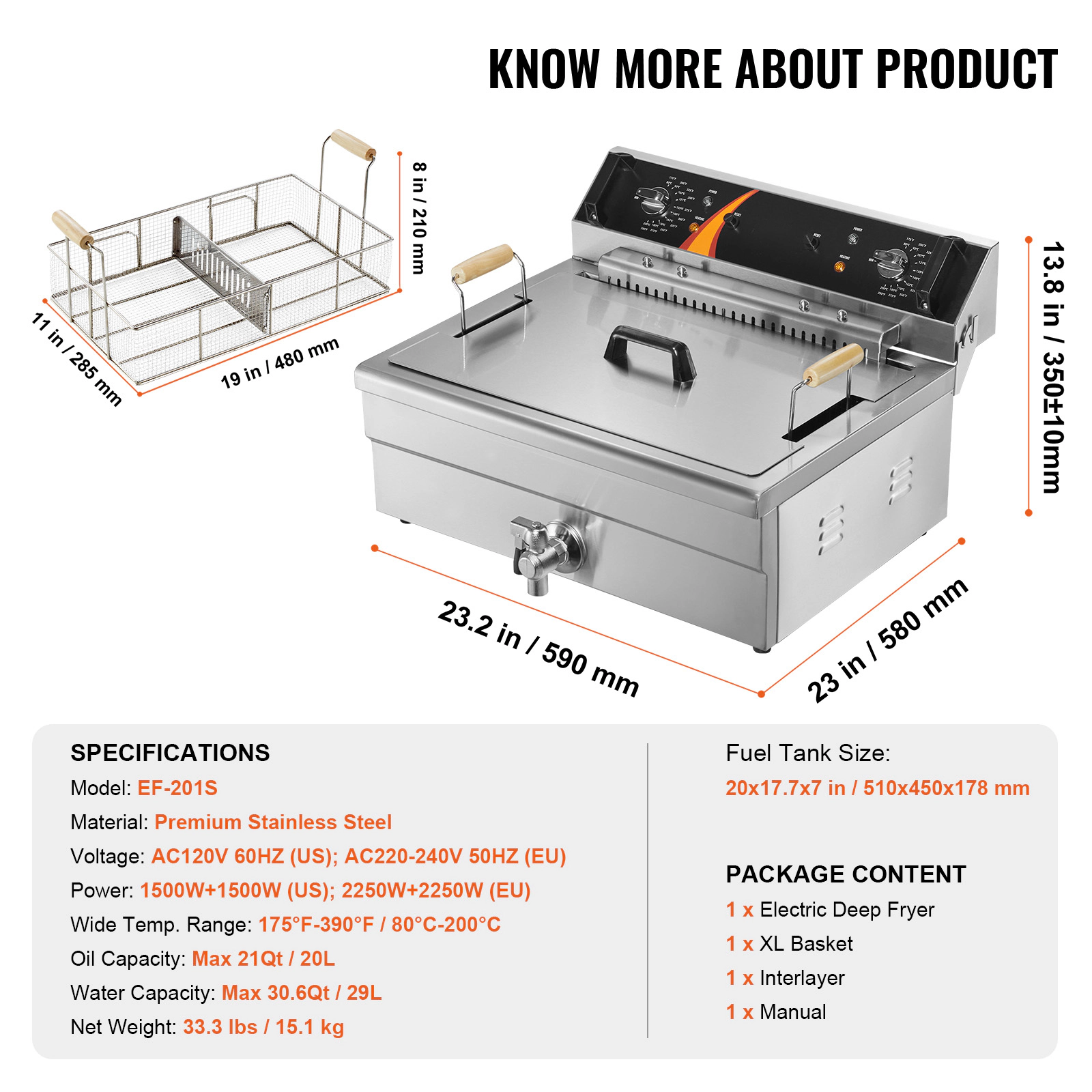 HONGGE Commercial Deep Fryer 3000W Electric Turkey Fryer with Large Capacity / Stainless Steel Countertop Single Oil