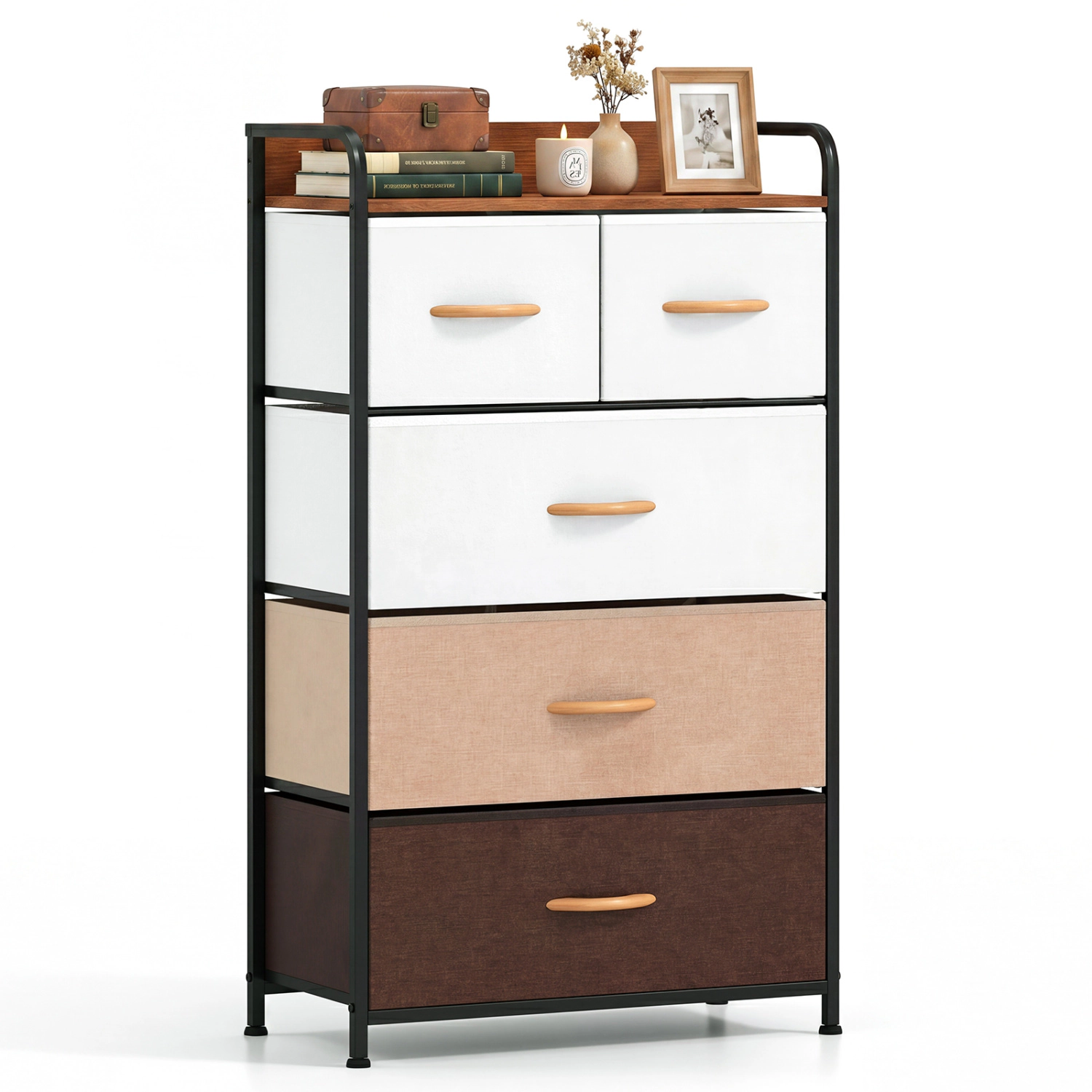 Glintex 5-Drawer Fabric Dresser with Raised-Edge Top and Metal Frame, Multicolor