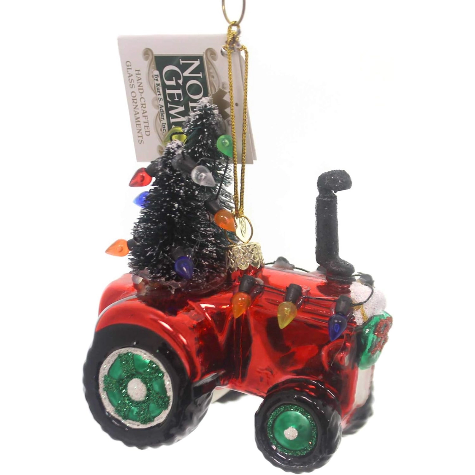 Noble Gems Festive Merry Christmas Red Tractor with Tree Glass Ornaments 4 inch
