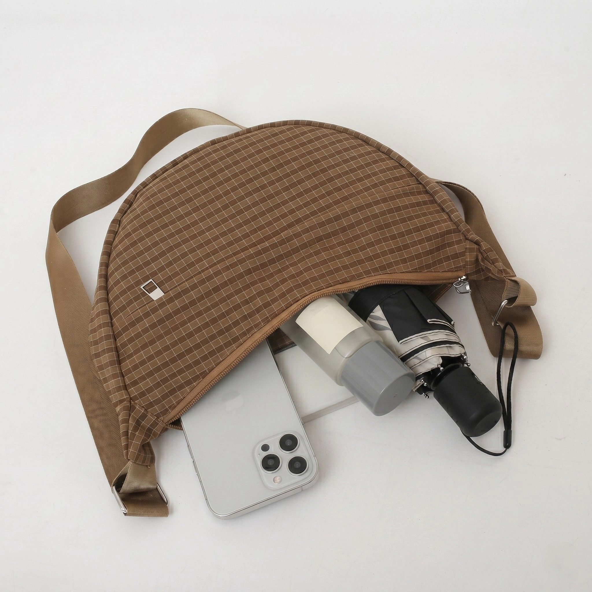 Alilang Women's Plaid Nylon Crescent Shoulder Bags with Adjustable Strap Lightweight Casual Crossbody Bag, Khaki Plaid