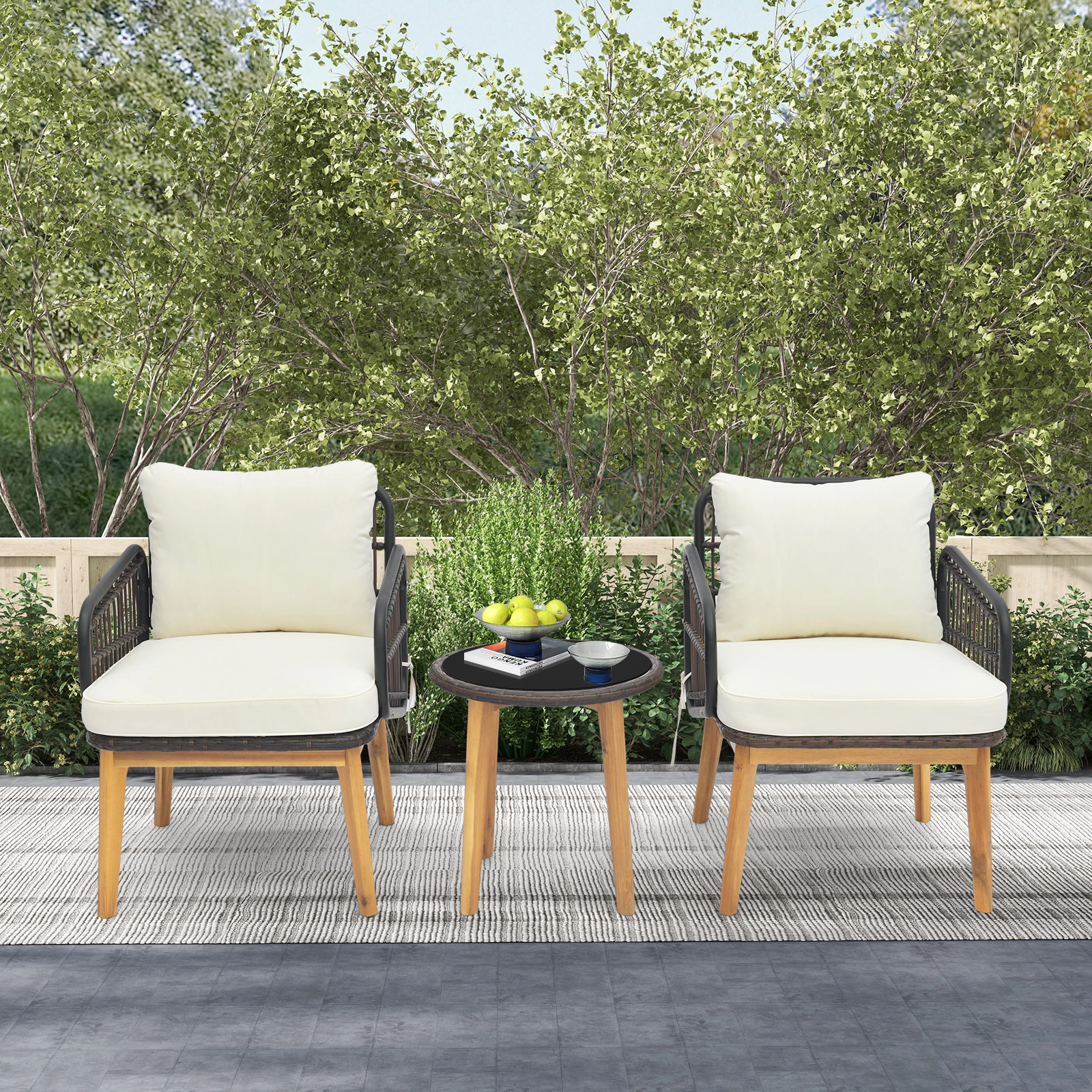 LJG 3 Pieces Patio Furniture Set with Cushioned Chairs and Tempered Glass Side Table