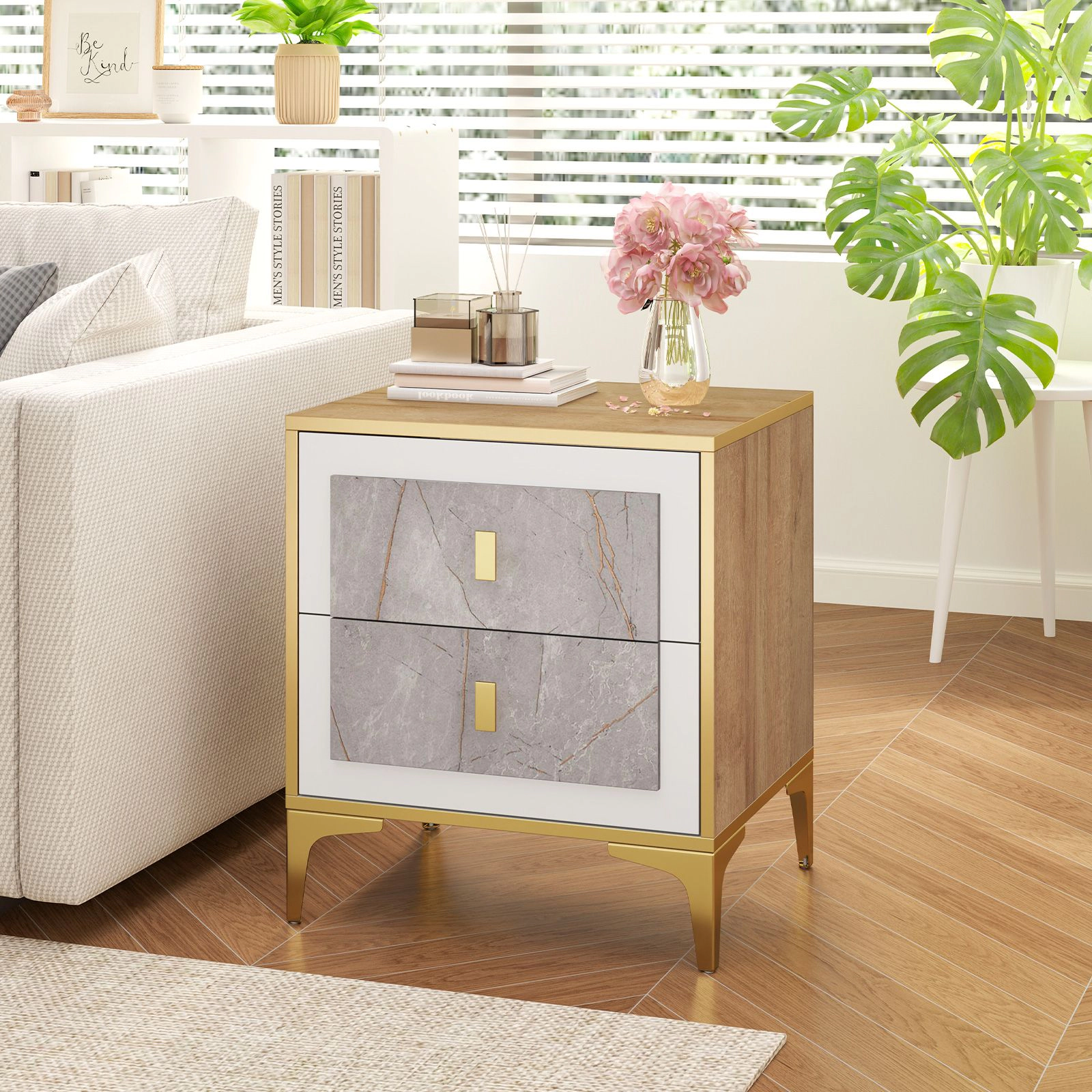 SlickBlue Modern Nightstand with Two Drawers and Metal Legs