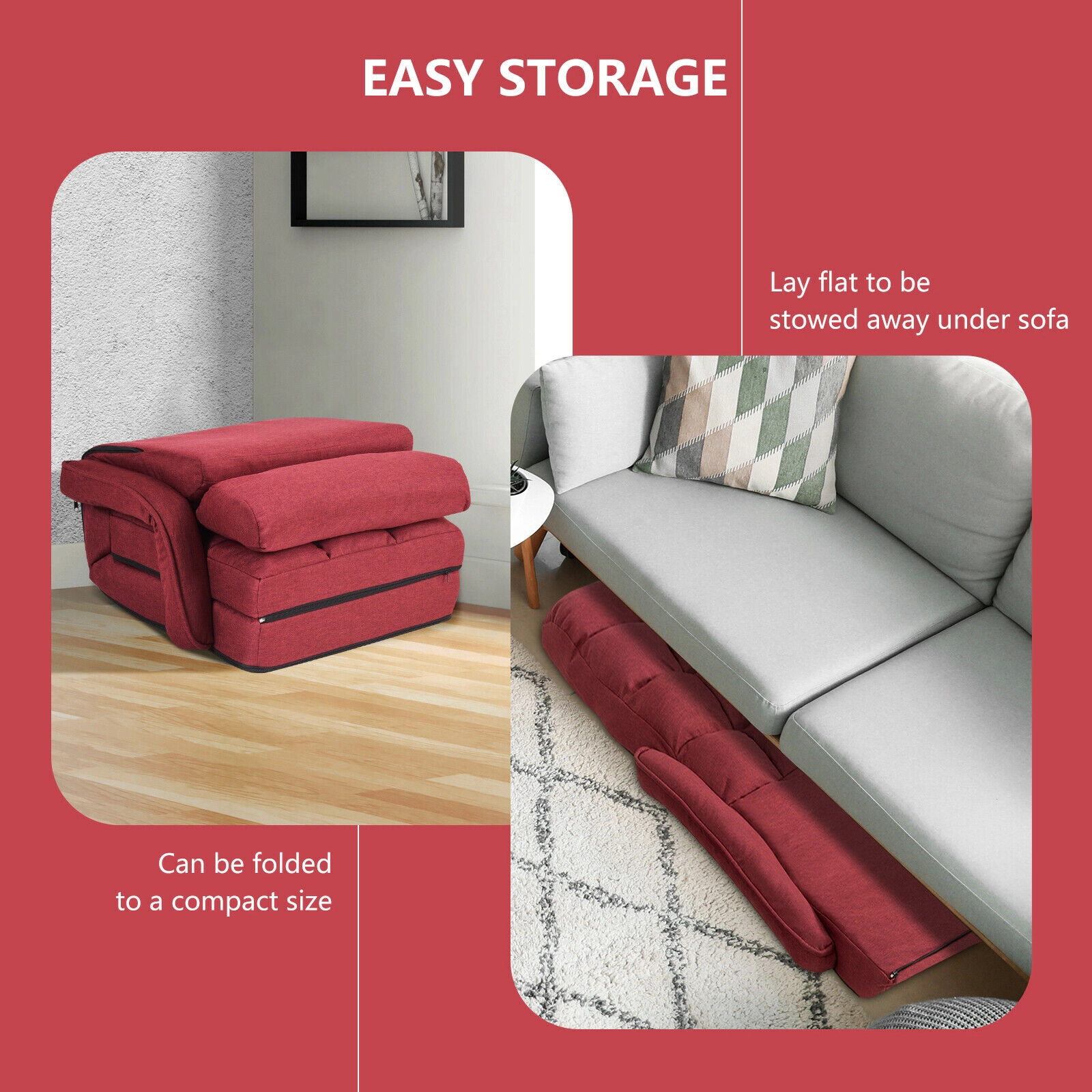SUGIFT 6-Position Adjustable Backrest Padded Armrests Lumbar Pillow Folding Floor Armchair 22-in x 26-in x 29-in Red