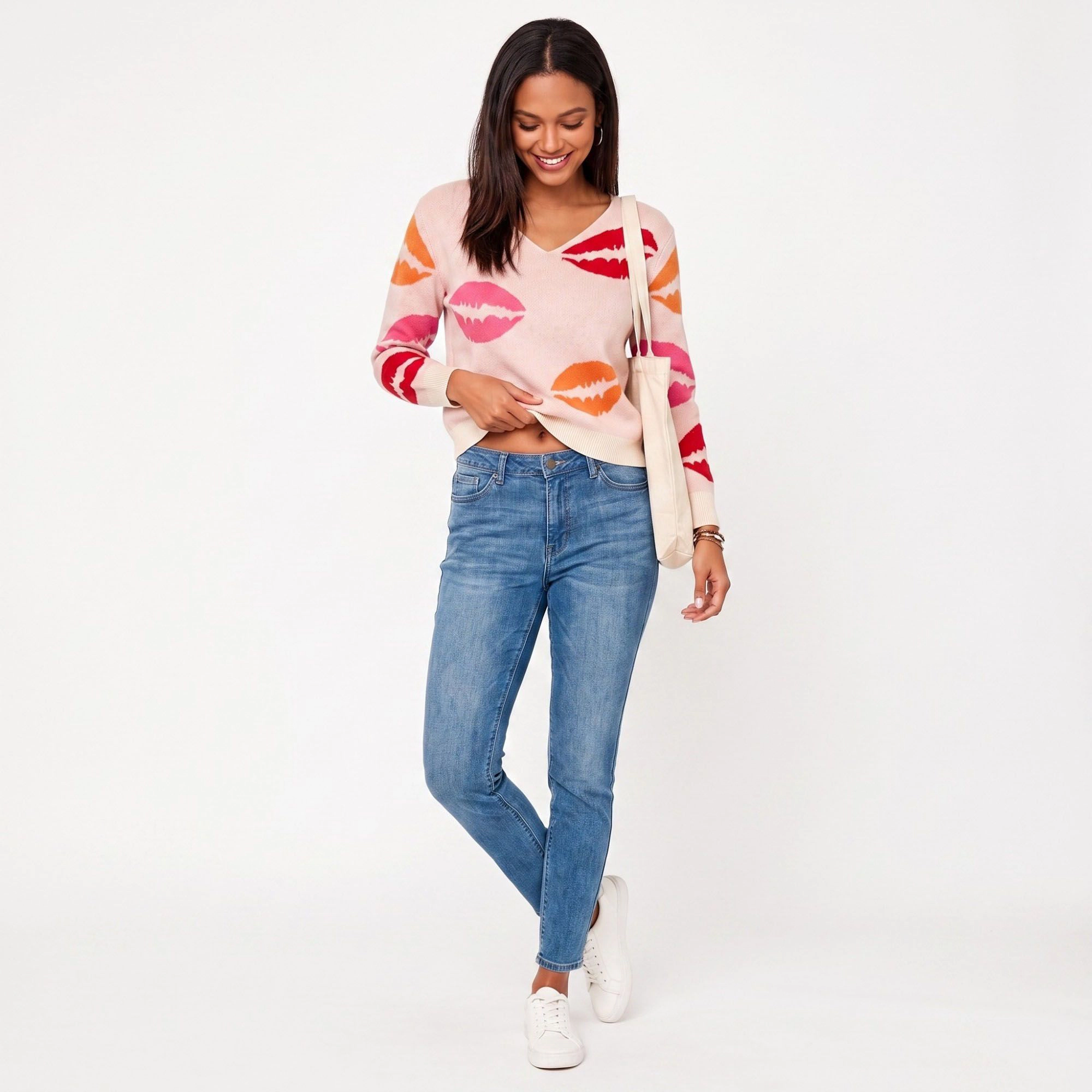 Anna-Kaci Women's Lip Print V-Neck Long Sleeve Knit Sweater