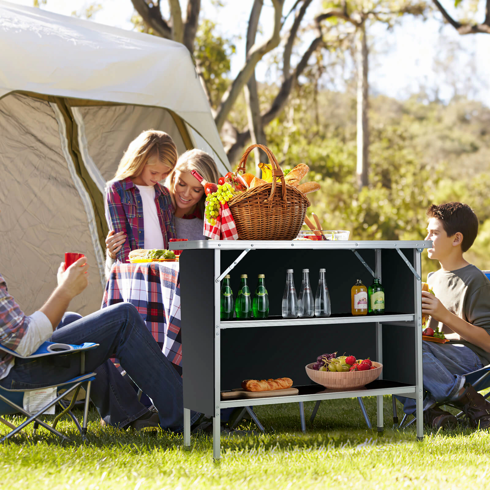 LJG Folding Camping Table with 2-Tier Open Shelves for Outdoor BBQ