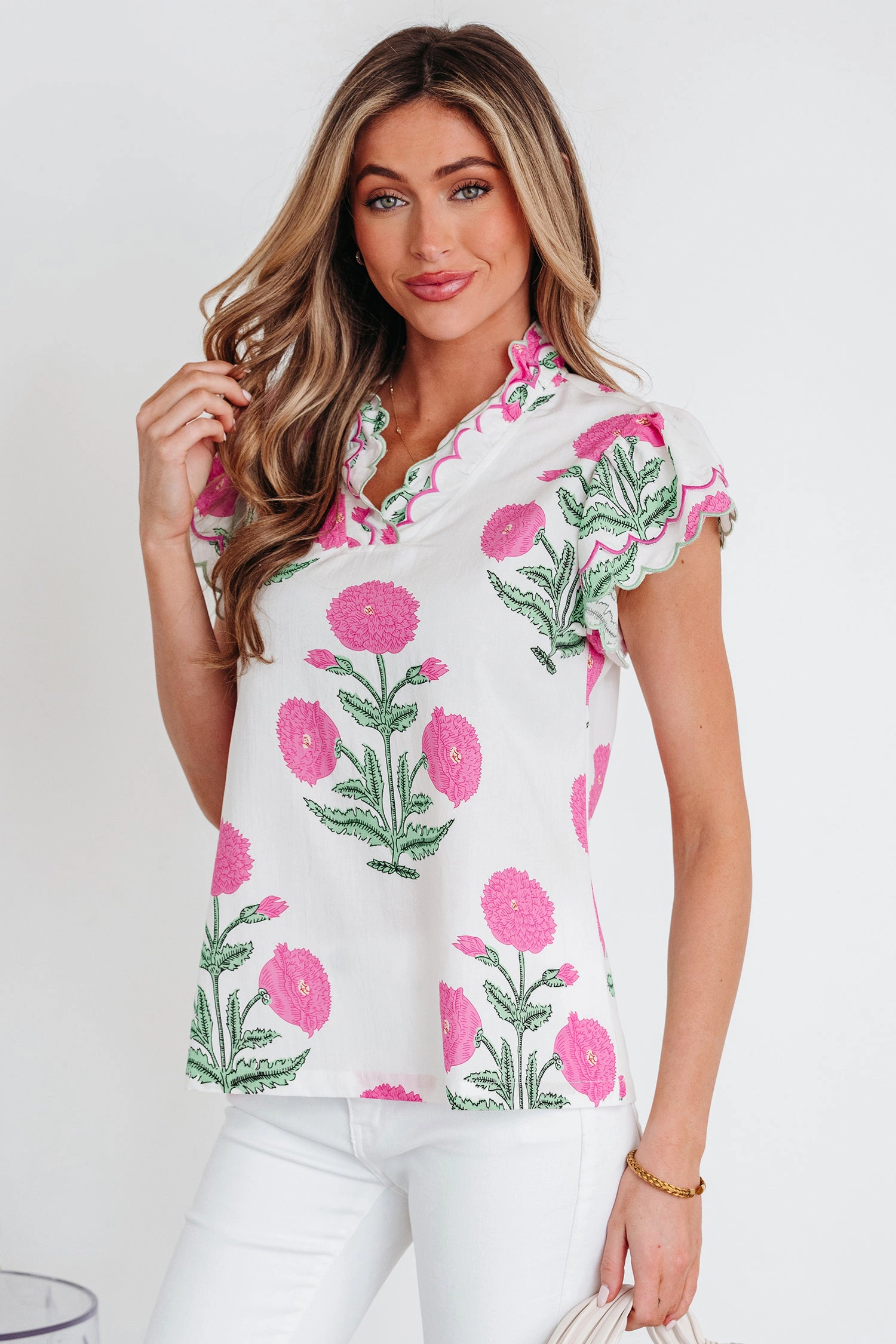 Threaded Pear Women's Mariah Detail Short Sleeve Blouse
