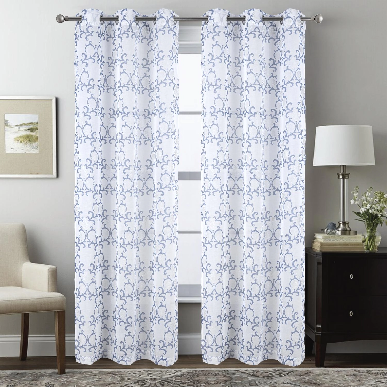 RT Designers Collection Crown Grommet Sheer Metallic Printed Doily Curtain Panel 54" x 84