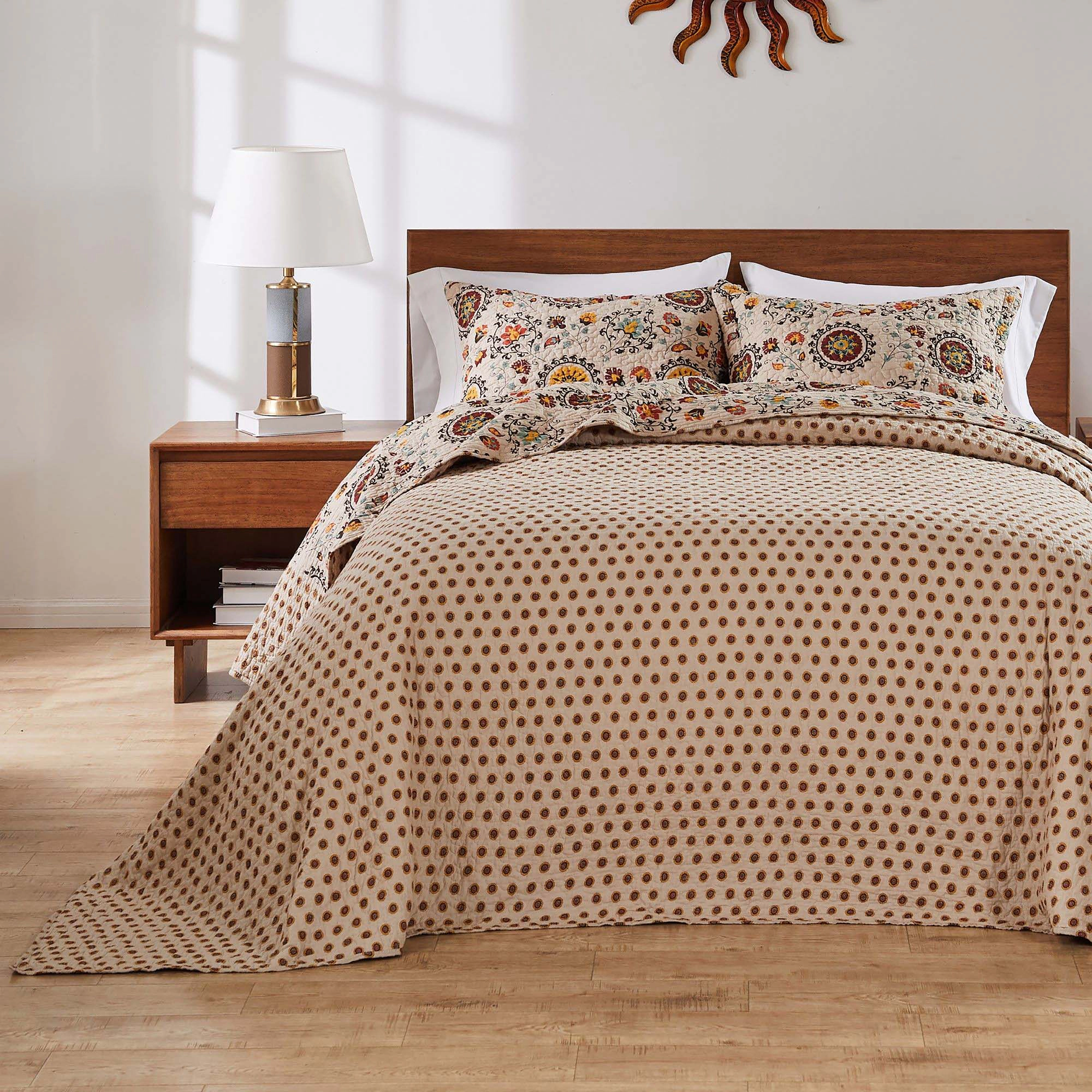 Greenland Home Fashions Andorra Cotton Traditional Bedspread Set Jumbo Sized Reversible Quilt Set 3 Piece