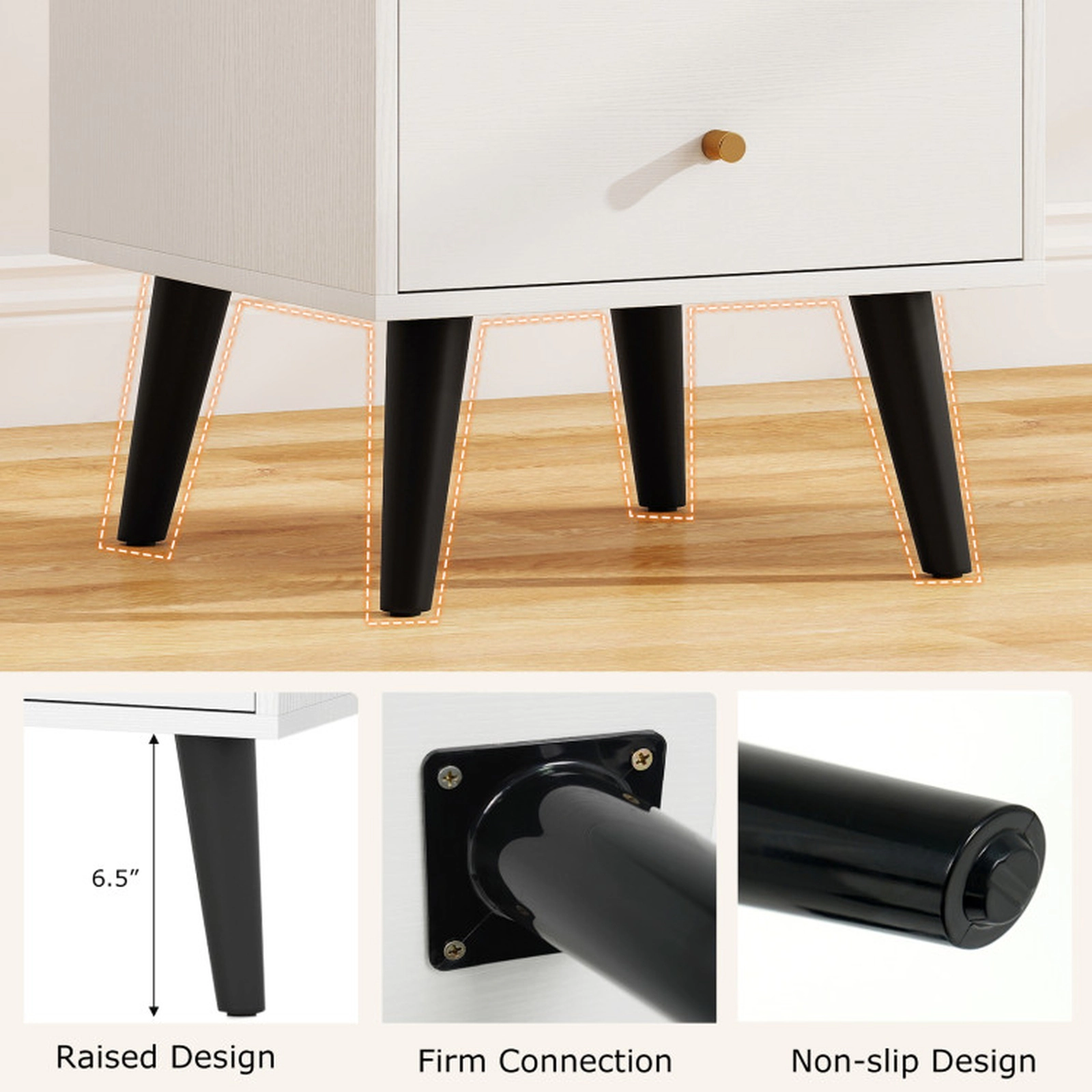 SUGIFT Mid Century Modern Nightstand 2 Drawers Golden Handles & Raised Legs 66-lb Tabletop Capacity White
