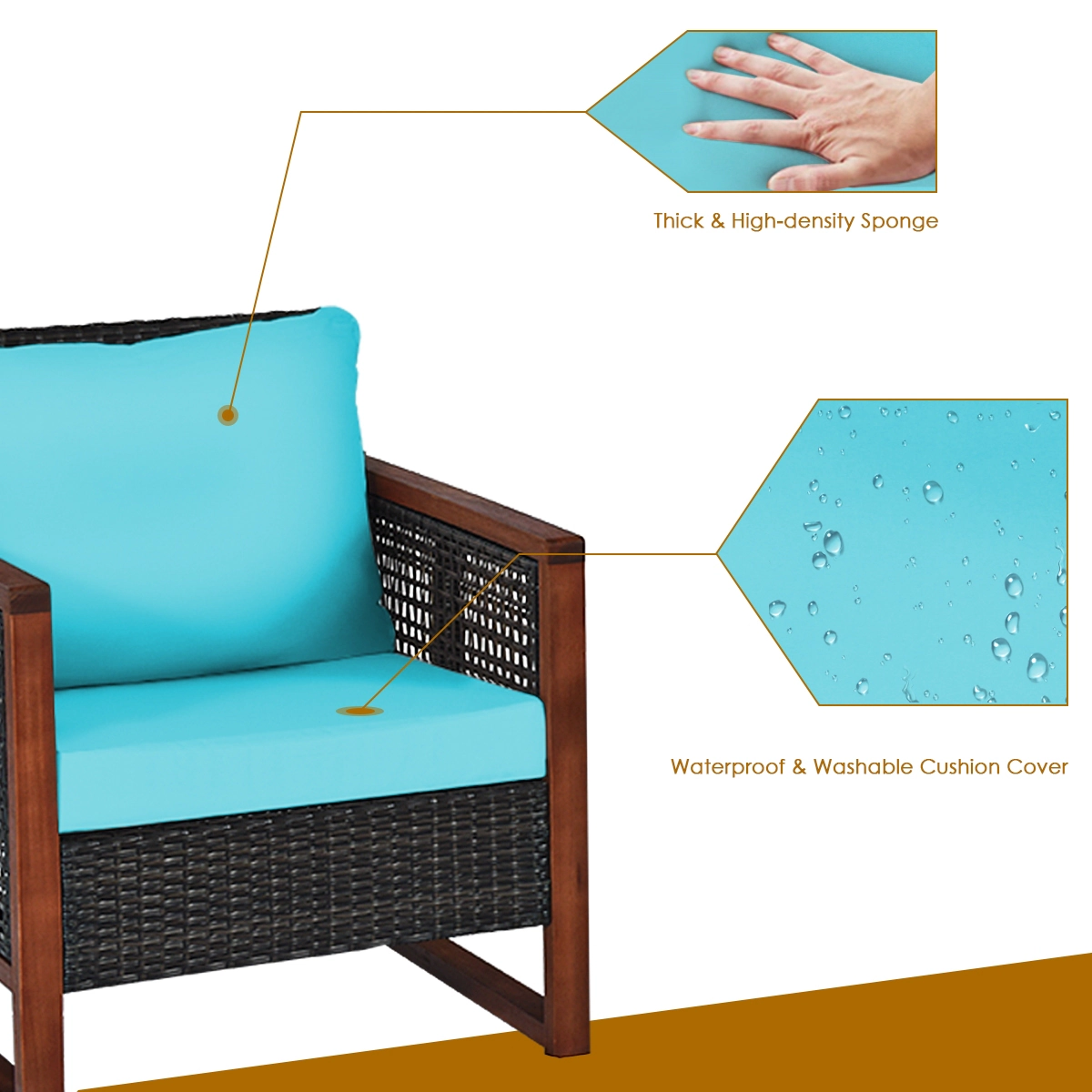 SUGIFT Turquoise 2-Shelf Coffee Table 3-Piece Acacia Wood and Rattan Patio Chair Set