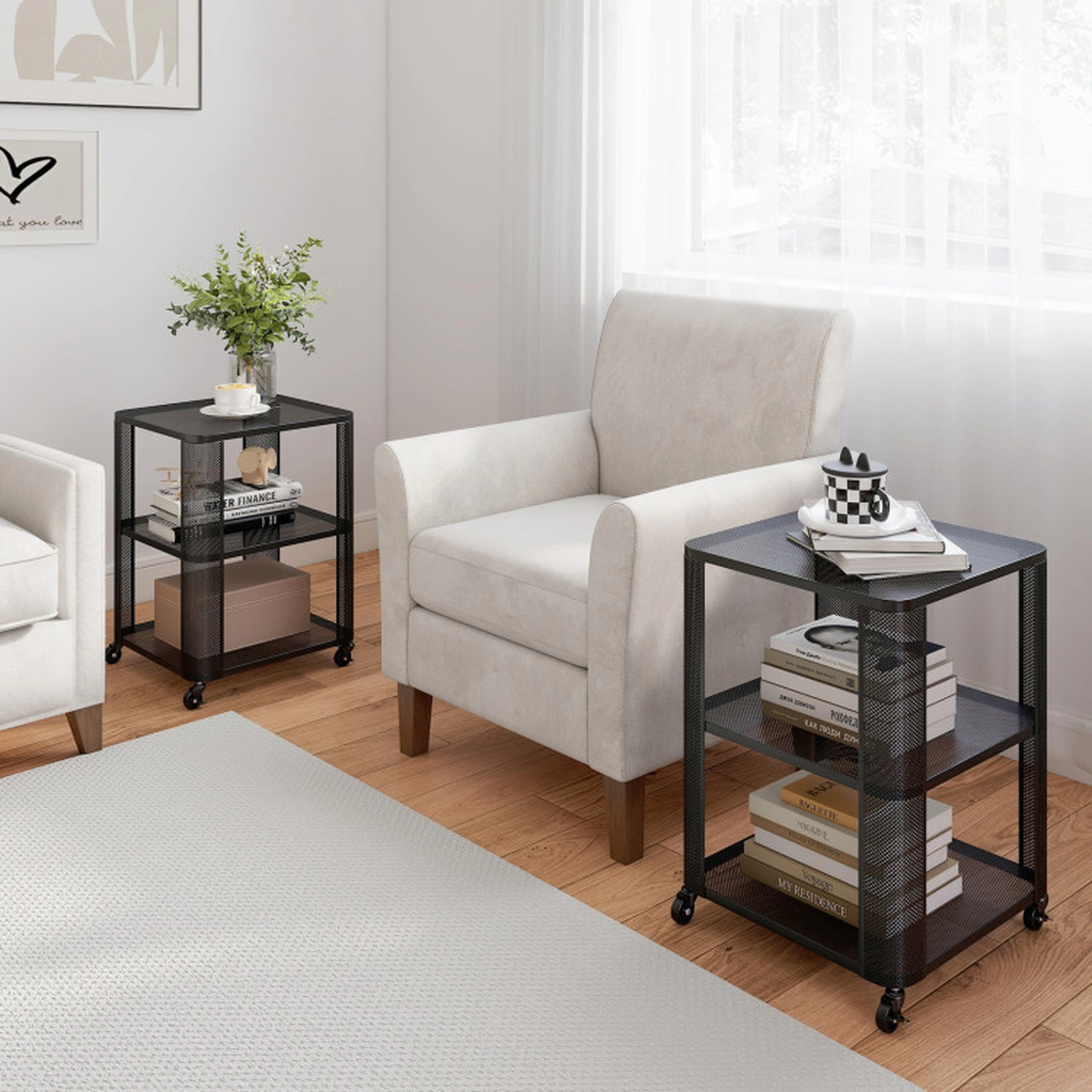 SUGIFT 3-Tier Rolling End Table with Wheels Metal Side Table 112-lb Countertop Capacity 33-lb Shelf Capacity Black