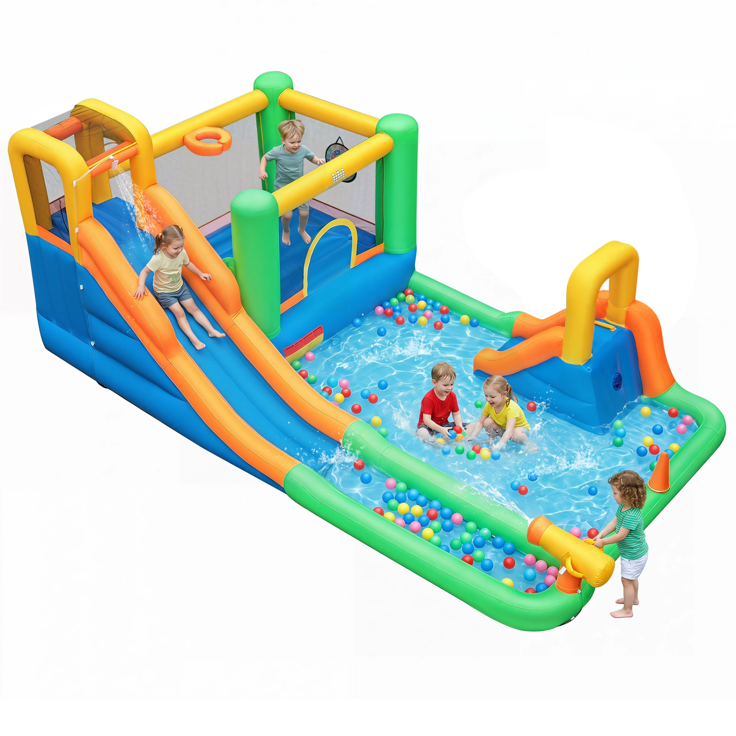LJG 11-in-1 Inflatable Bounce House with Water Slides for Kids without Blower