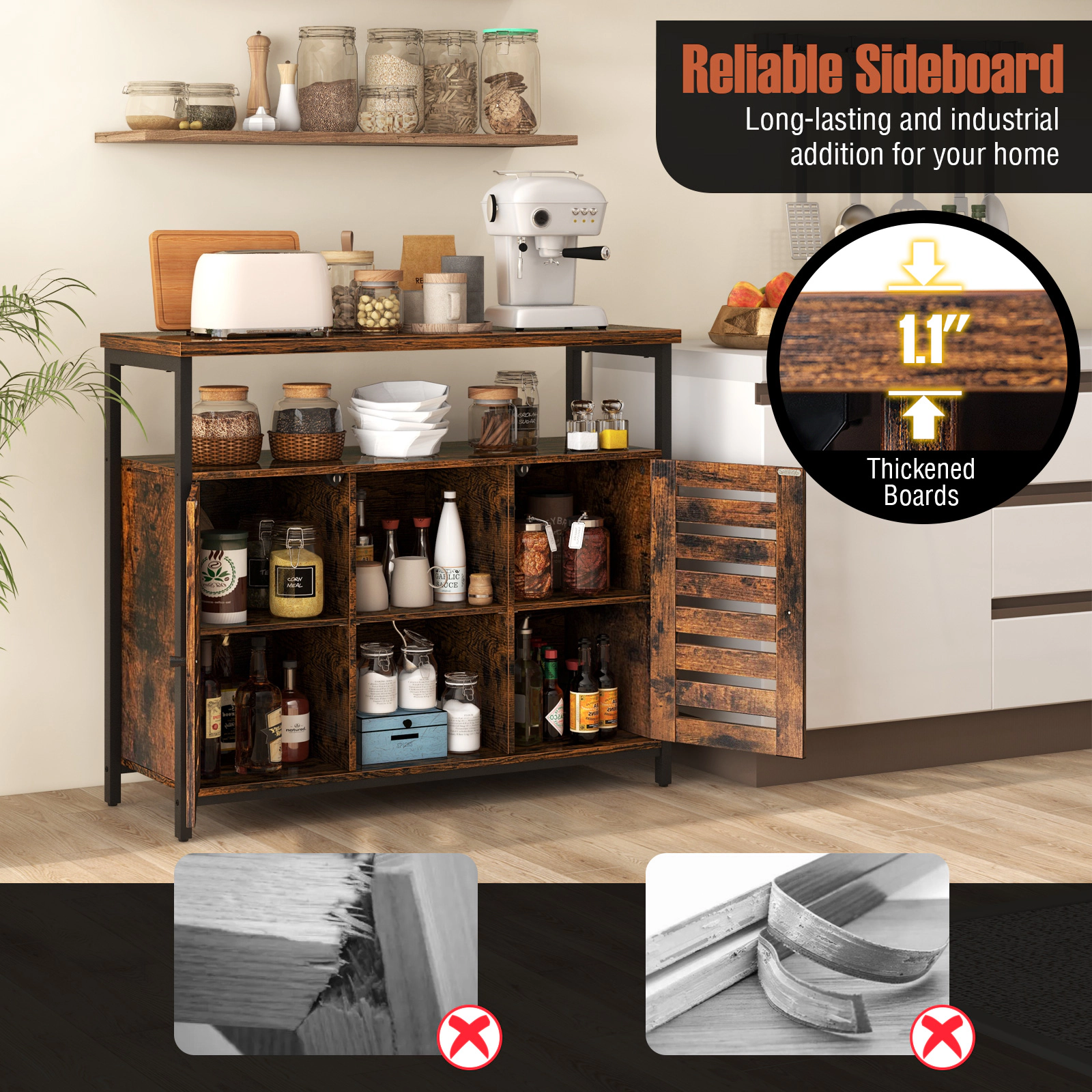 SUGIFT 39.5-in 760-lb Total 200-lb Top Rustic Brown Industrial Buffet Sideboard with Push-to-Open Louvered Door