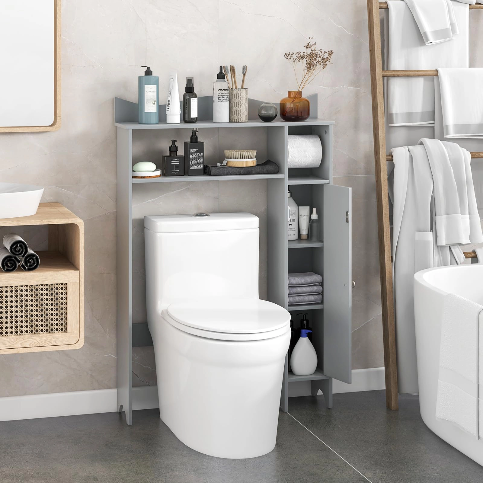 Glintex Over-the-Toilet Cabinet with Toilet Paper Holder and Protective Top Baffle, Gray