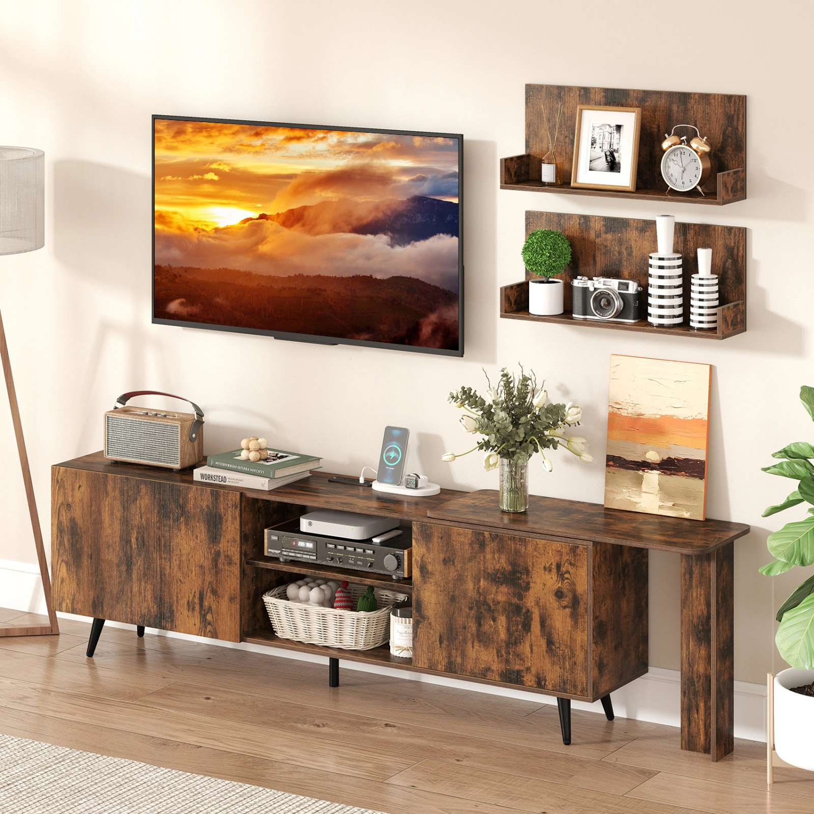 SUGIFT 74 in TV Stand Brown for TVs up to 85 in with 2 Wall Shelves and Charging Station