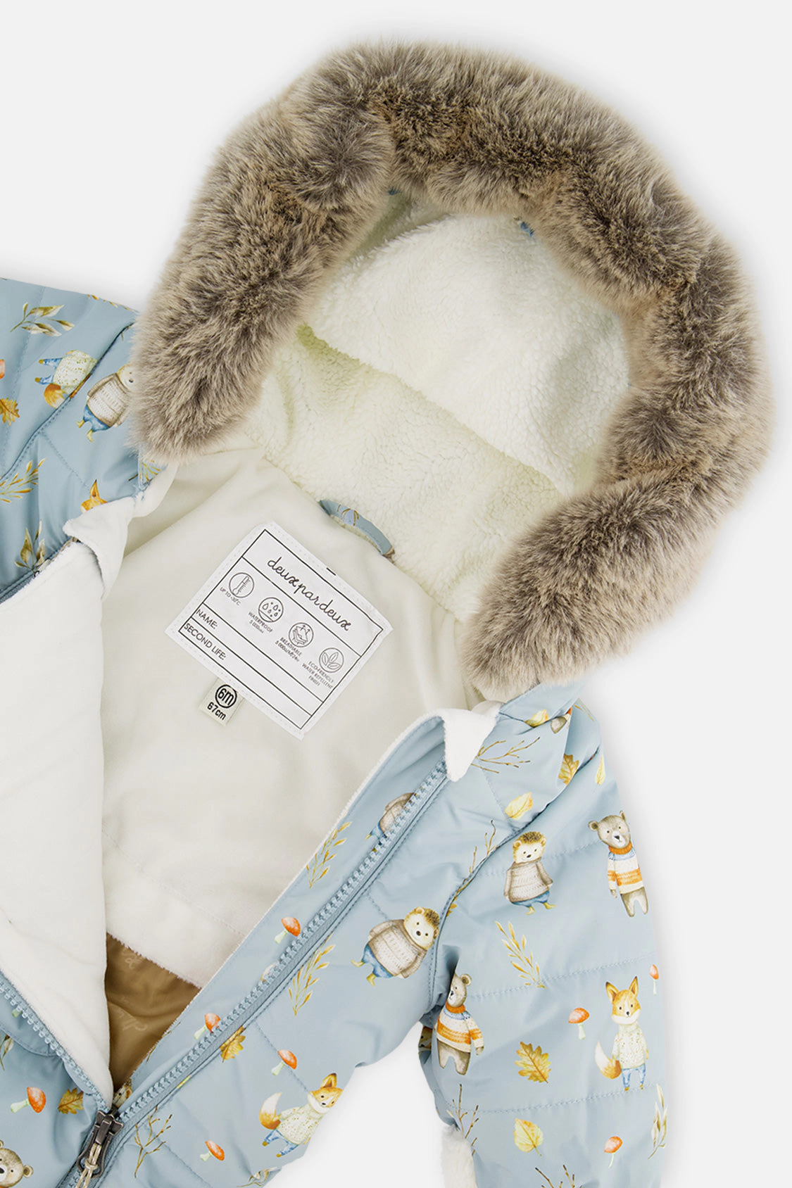 Deux par Boys Animal Print One Piece Snowsuit Adapted for Car Seats with Bear-Ear Hood