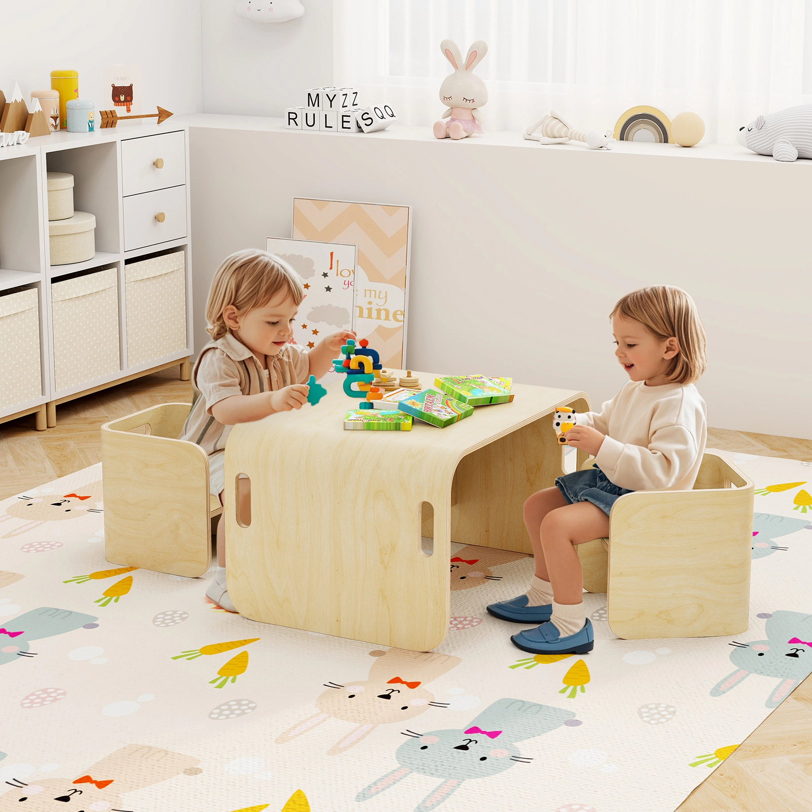 SUGIFT Natural Multifunctional Stool Desk Shelf Kids 3-Piece Birch Wood Table and Chair Set