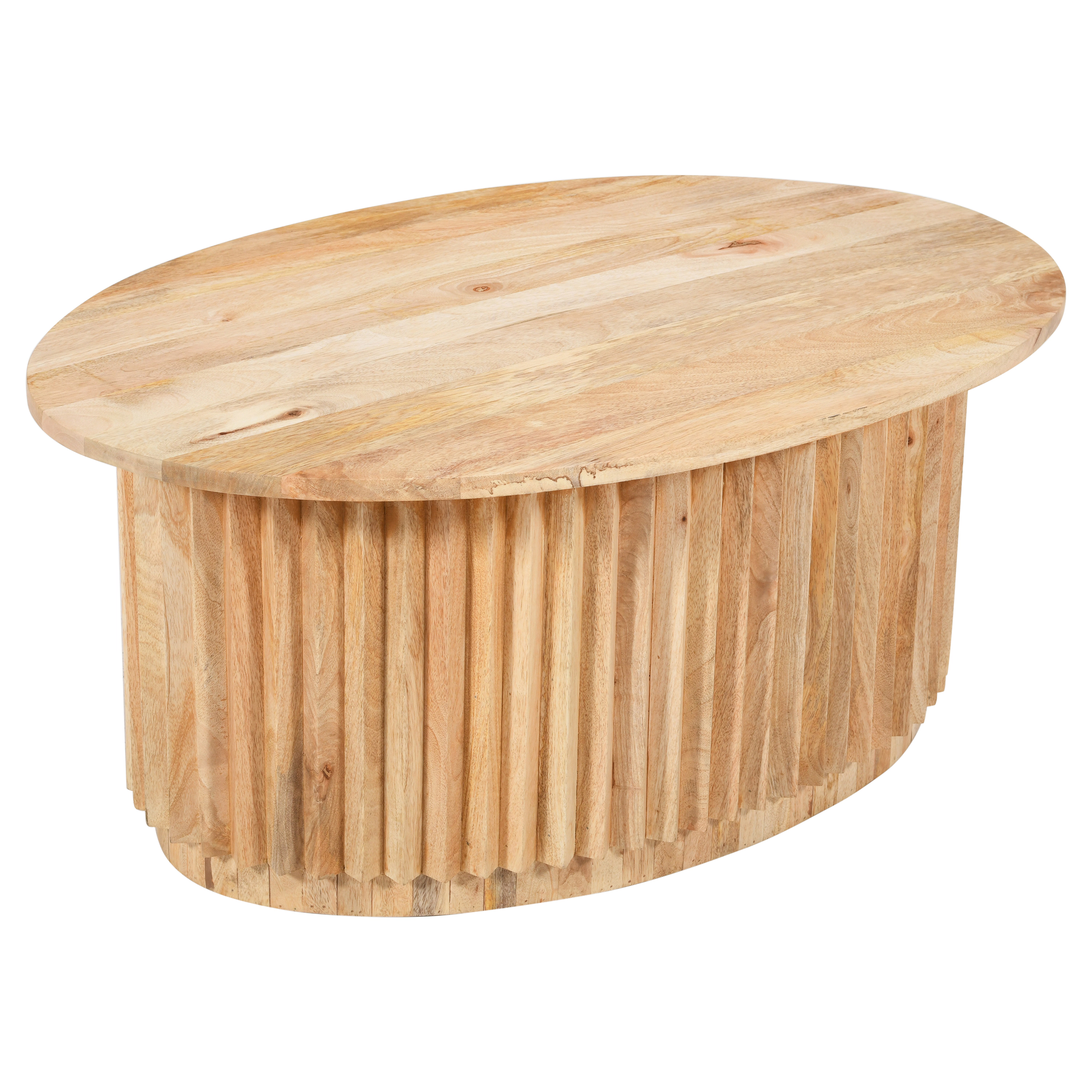 The Urban Port Muna Coffee Table, 36 Inch Oval, Handcrafted Mango Wood, Reeded Base with Hidden Storage, Natural Brown