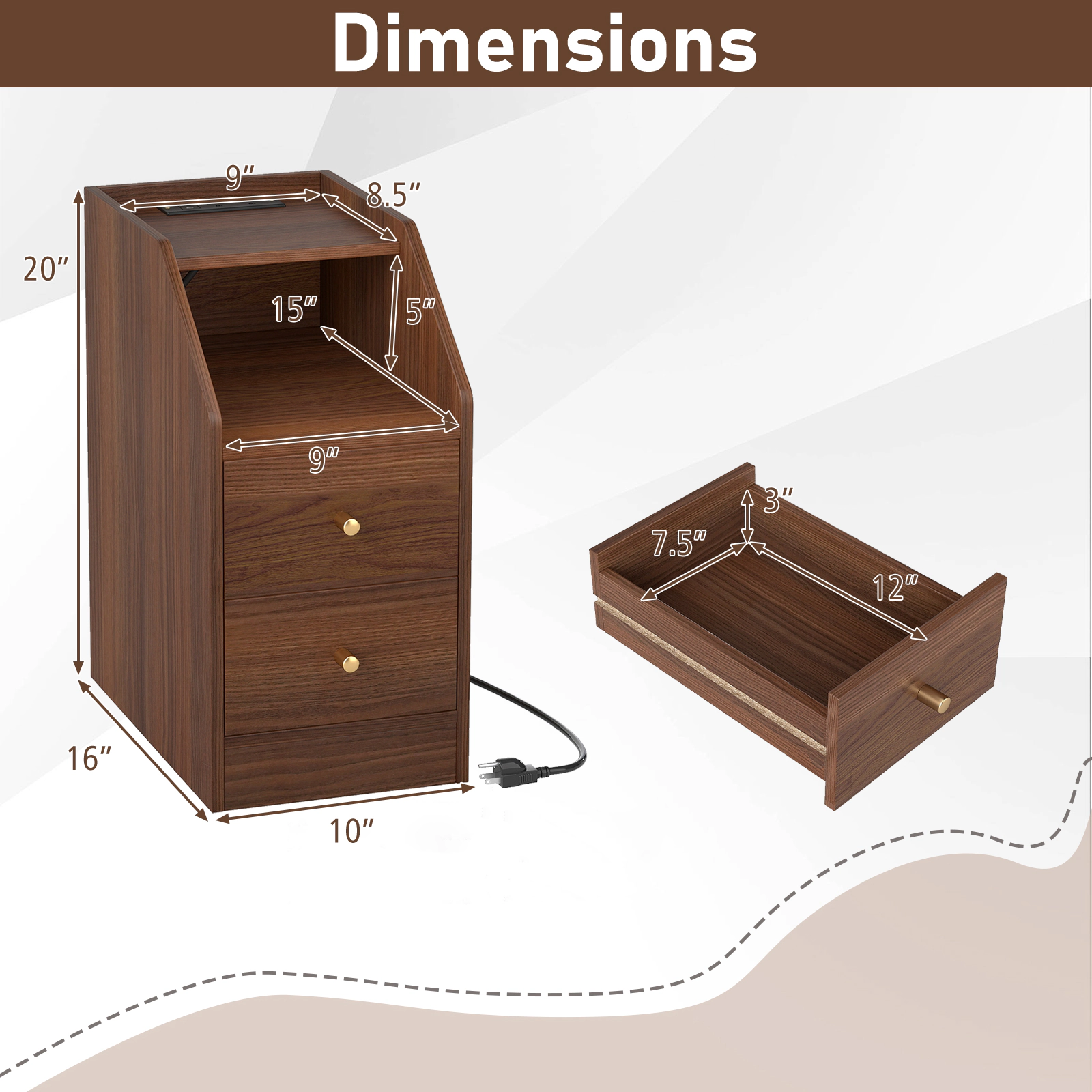 LJG Side End Table with Charging Station Sofa Couch Table with Shelf Drawers