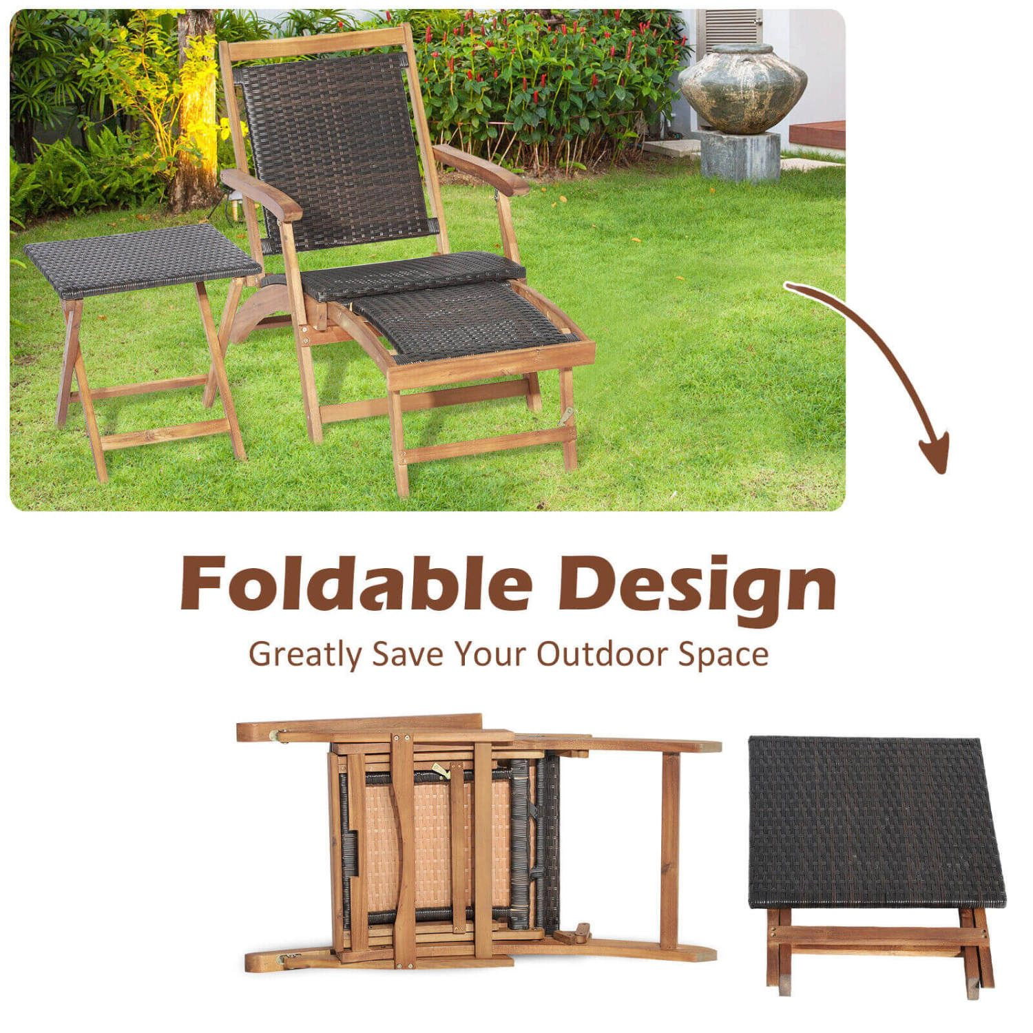 SlickBlue Unisex 3-Piece Patio Rattan Lounge Chair Set with Table