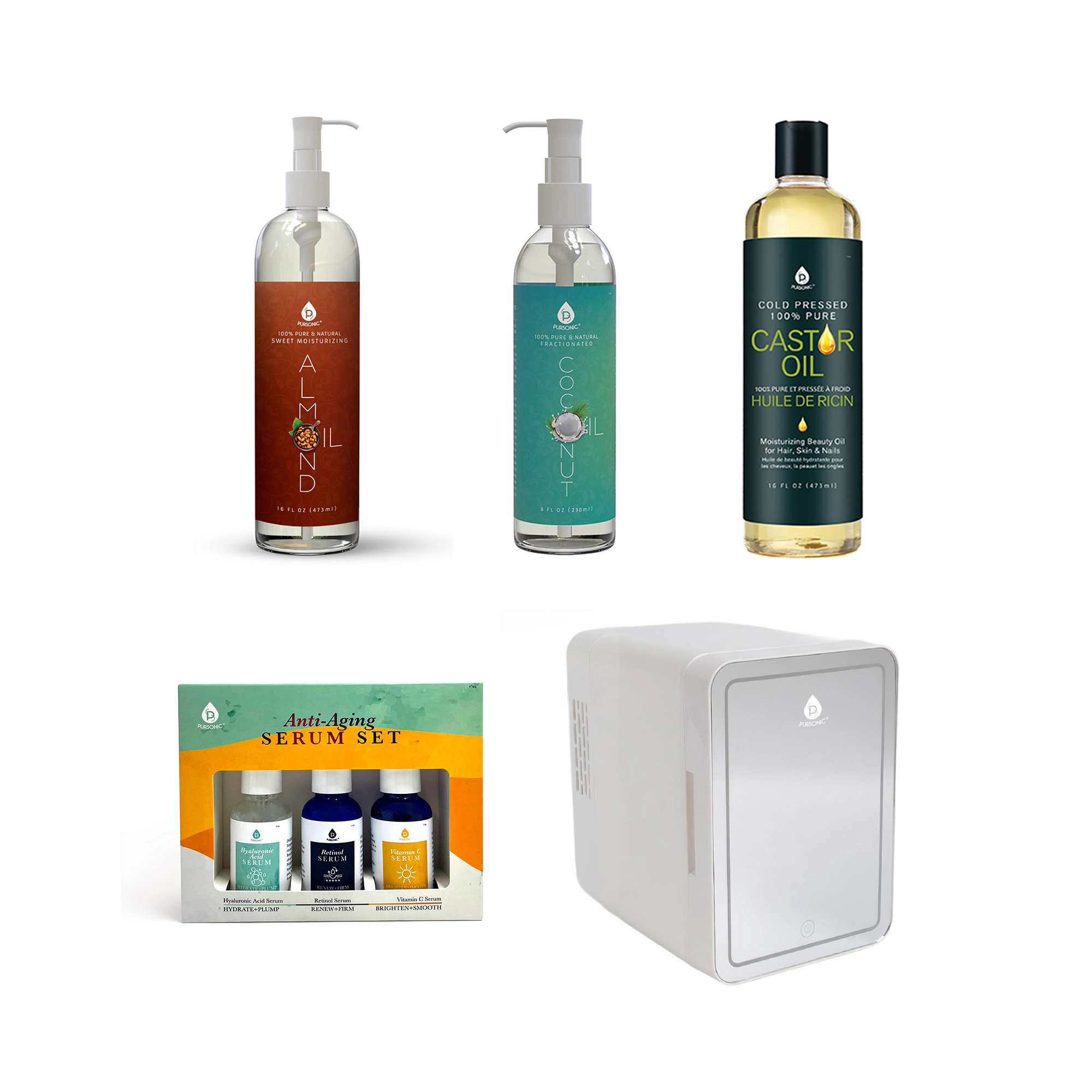 Pursonic Unisex Skincare Mini Beauty Fridge, Anti-Aging Serum Set & Premium Natural Oils
